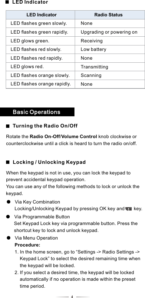 LED IndicatorLED Indicator Radio StatusLED ﬂashes green slowly.LED ﬂashes green rapidly.LED glows green.LED ﬂashes red slowly.LED ﬂashes red rapidly.LED glows red.LED ﬂashes orange slowly.LED ﬂashes orange rapidly.NoneUpgrading or powering onReceivingLow batteryNoneTransmittingScanningNone4Locking / Unlocking KeypadTurning the Radio On/OffBasic Operations●   Via Key Combination    Locking/Unlocking Keypad by pressing OK key and       key. ●   Via Programmable Button     Set Keypad Lock key via programmable button. Press the      shortcut key to lock and unlock keypad. ●   Via Menu Operation     Procedure:     1. In the home screen, go to “Settings -&gt; Radio Settings -&gt;      Keypad Lock” to select the desired remaining time when          the keypad will be locked.         2. If you select a desired time, the keypad will be locked      automatically if no operation is made within the preset          time period.               Rotate the Radio On-Off/Volume Control knob clockwise or counterclockwise until a click is heard to turn the radio on/off.When the keypad is not in use, you can lock the keypad to prevent accidental keypad operation.You can use any of the following methods to lock or unlock the keypad.