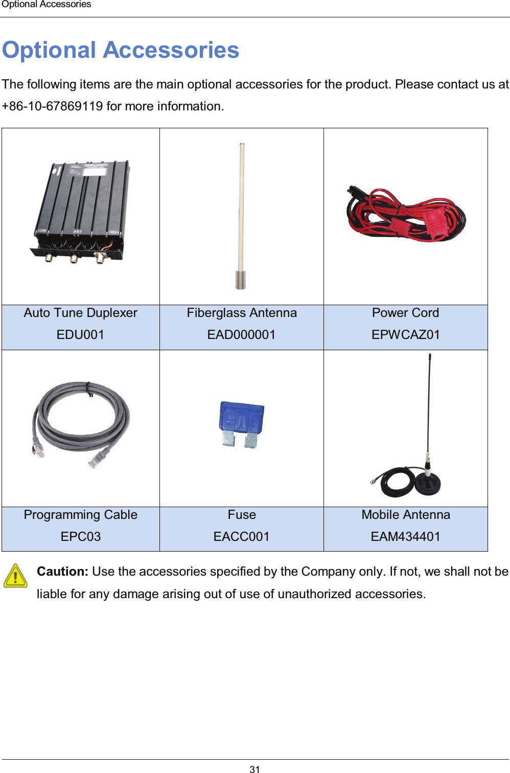  Optional Accessories 31  Optional Accessories The following items are the main optional accessories for the product. Please contact us at +86-10-67869119 for more information.    Auto Tune Duplexer EDU001 Fiberglass Antenna EAD000001 Power Cord EPWCAZ01    Programming Cable EPC03 Fuse EACC001 Mobile Antenna EAM434401 Caution: Use the accessories specified by the Company only. If not, we shall not be liable for any damage arising out of use of unauthorized accessories. 