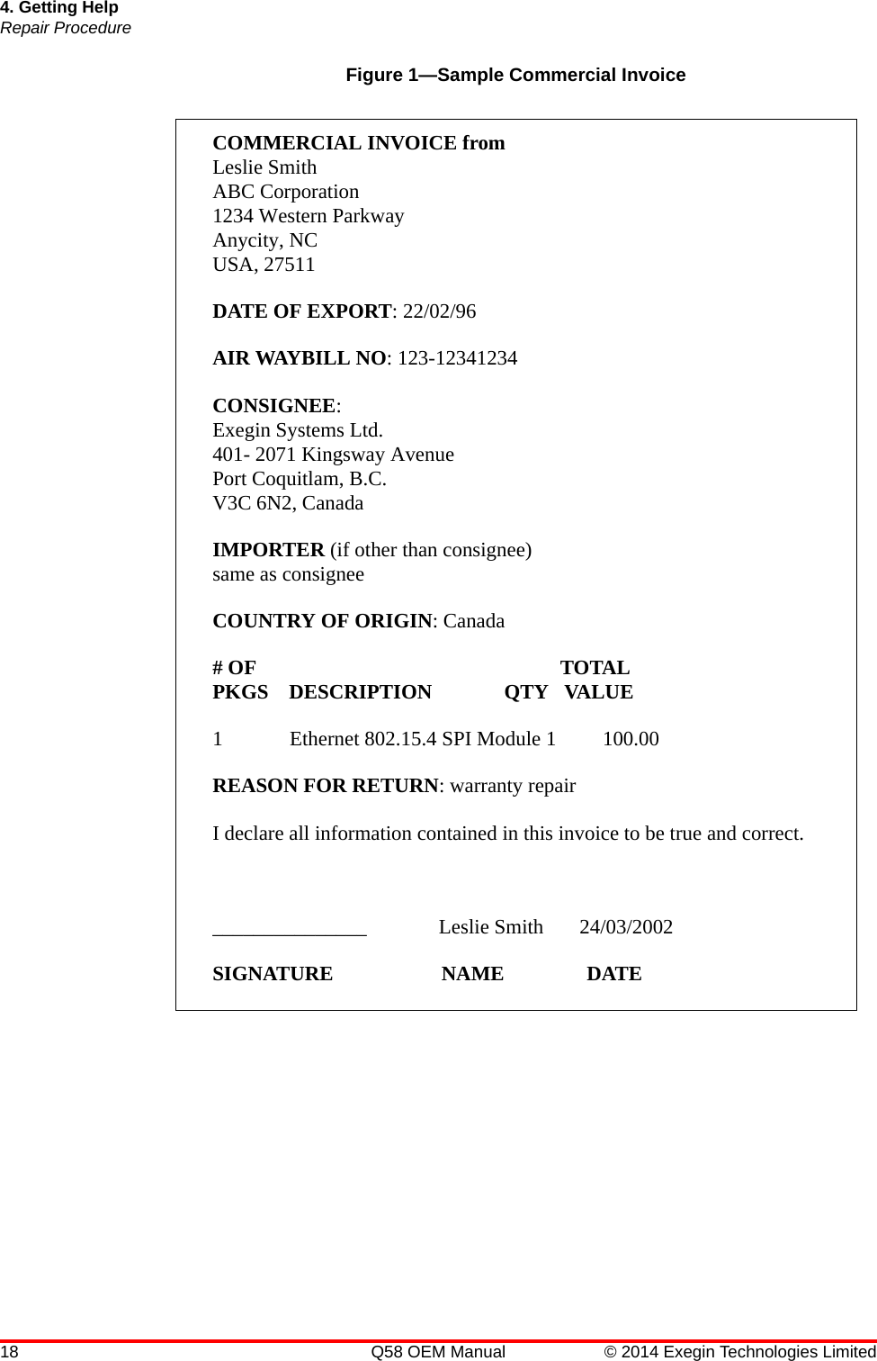 18 Q58 OEM Manual © 2014 Exegin Technologies Limited4. Getting HelpRepair ProcedureFigure 1—Sample Commercial InvoiceCOMMERCIAL INVOICE fromLeslie SmithABC Corporation1234 Western ParkwayAnycity, NCUSA, 27511DATE OF EXPORT: 22/02/96AIR WAYBILL NO: 123-12341234CONSIGNEE:Exegin Systems Ltd.401- 2071 Kingsway AvenuePort Coquitlam, B.C.V3C 6N2, CanadaIMPORTER (if other than consignee)same as consigneeCOUNTRY OF ORIGIN: Canada# OF                                                           TOTALPKGS    DESCRIPTION              QTY   VALUE1             Ethernet 802.15.4 SPI Module 1         100.00REASON FOR RETURN: warranty repairI declare all information contained in this invoice to be true and correct._______________              Leslie Smith       24/03/2002SIGNATURE                     NAME                DATE