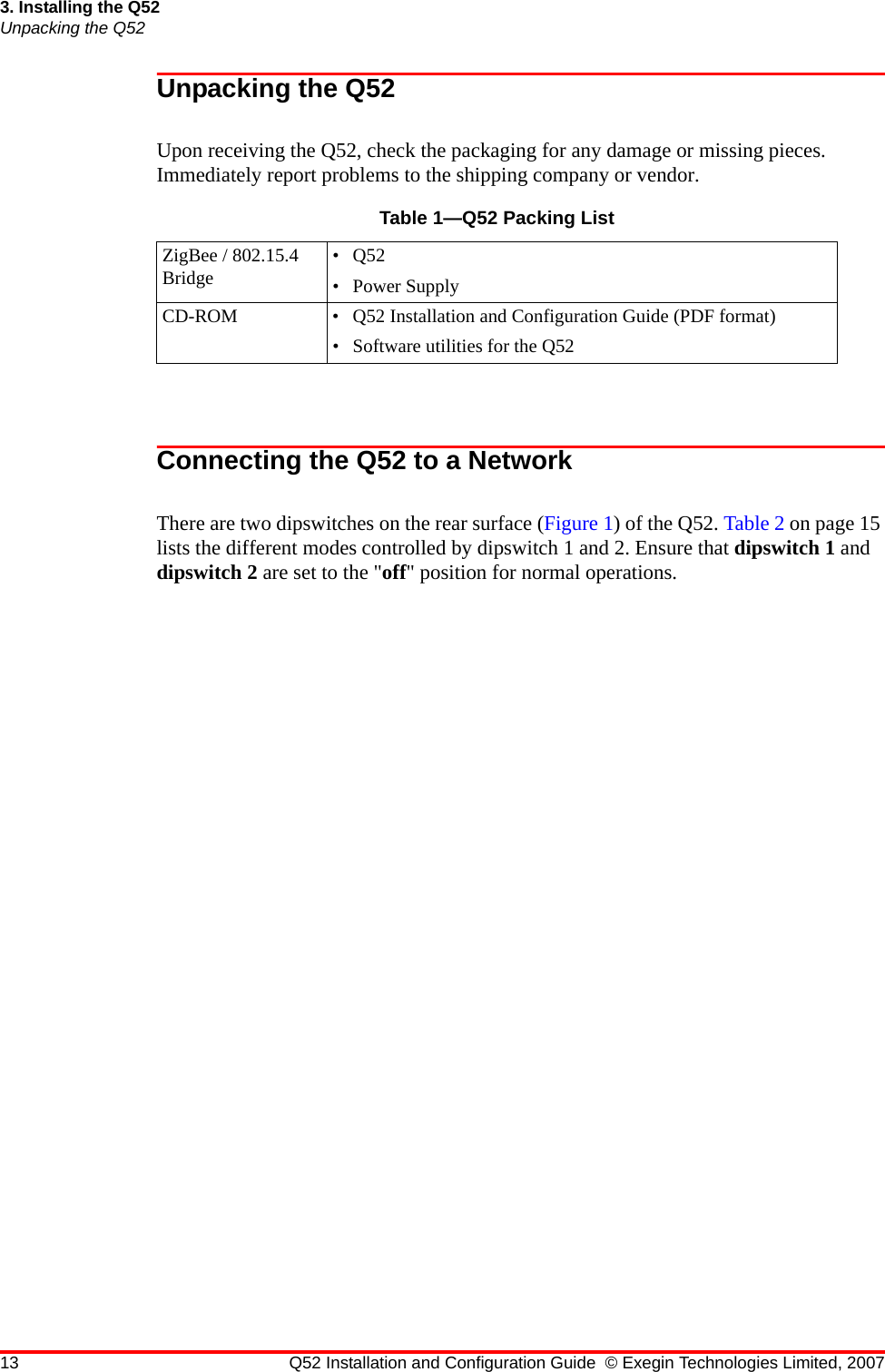 13 Q52 Installation and Configuration Guide © Exegin Technologies Limited, 20073. Installing the Q52Unpacking the Q52Unpacking the Q52Upon receiving the Q52, check the packaging for any damage or missing pieces. Immediately report problems to the shipping company or vendor.Connecting the Q52 to a NetworkThere are two dipswitches on the rear surface (Figure 1) of the Q52. Table 2 on page 15 lists the different modes controlled by dipswitch 1 and 2. Ensure that dipswitch 1 and dipswitch 2 are set to the &quot;off&quot; position for normal operations.Table 1—Q52 Packing ListZigBee / 802.15.4 Bridge •Q52• Power SupplyCD-ROM • Q52 Installation and Configuration Guide (PDF format)• Software utilities for the Q52