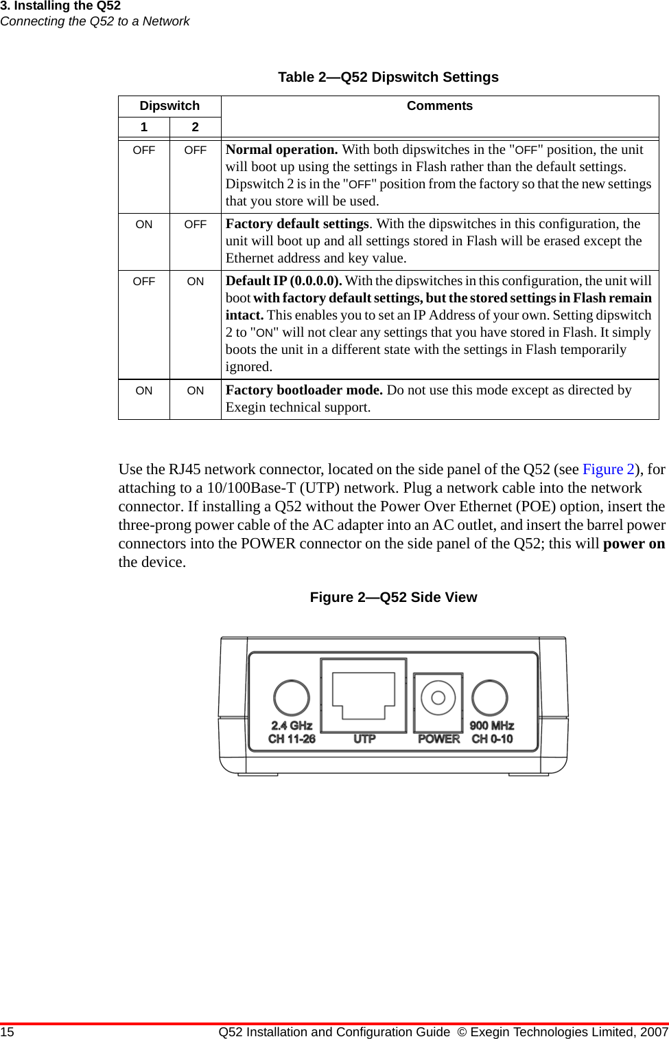 15 Q52 Installation and Configuration Guide © Exegin Technologies Limited, 20073. Installing the Q52Connecting the Q52 to a NetworkUse the RJ45 network connector, located on the side panel of the Q52 (see Figure 2), for attaching to a 10/100Base-T (UTP) network. Plug a network cable into the network connector. If installing a Q52 without the Power Over Ethernet (POE) option, insert the three-prong power cable of the AC adapter into an AC outlet, and insert the barrel power connectors into the POWER connector on the side panel of the Q52; this will power on the device.Figure 2—Q52 Side ViewTable 2—Q52 Dipswitch SettingsDipswitch Comments12OFF OFF Normal operation. With both dipswitches in the &quot;OFF&quot; position, the unit will boot up using the settings in Flash rather than the default settings. Dipswitch 2 is in the &quot;OFF&quot; position from the factory so that the new settings that you store will be used.ON OFF Factory default settings. With the dipswitches in this configuration, the unit will boot up and all settings stored in Flash will be erased except the Ethernet address and key value.OFF ON Default IP (0.0.0.0). With the dipswitches in this configuration, the unit will boot with factory default settings, but the stored settings in Flash remain intact. This enables you to set an IP Address of your own. Setting dipswitch 2 to &quot;ON&quot; will not clear any settings that you have stored in Flash. It simply boots the unit in a different state with the settings in Flash temporarily ignored.ON ON Factory bootloader mode. Do not use this mode except as directed by Exegin technical support.