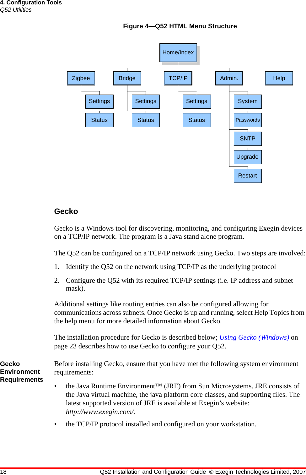 18 Q52 Installation and Configuration Guide © Exegin Technologies Limited, 20074. Configuration ToolsQ52 UtilitiesFigure 4—Q52 HTML Menu StructureGeckoGecko is a Windows tool for discovering, monitoring, and configuring Exegin devices on a TCP/IP network. The program is a Java stand alone program.The Q52 can be configured on a TCP/IP network using Gecko. Two steps are involved:1. Identify the Q52 on the network using TCP/IP as the underlying protocol2. Configure the Q52 with its required TCP/IP settings (i.e. IP address and subnet mask).Additional settings like routing entries can also be configured allowing for communications across subnets. Once Gecko is up and running, select Help Topics from the help menu for more detailed information about Gecko. The installation procedure for Gecko is described below; Using Gecko (Windows) on page 23 describes how to use Gecko to configure your Q52.Gecko Environment RequirementsBefore installing Gecko, ensure that you have met the following system environment requirements:• the Java Runtime Environment™ (JRE) from Sun Microsystems. JRE consists of the Java virtual machine, the java platform core classes, and supporting files. The latest supported version of JRE is available at Exegin’s website: http://www.exegin.com/.• the TCP/IP protocol installed and configured on your workstation.Home/IndexZigbeeSettingsStatusBridgeSettingsStatusTCP/IPSettingsStatusAdmin.SystemPasswordsSNTPUpgradeRestartHelp