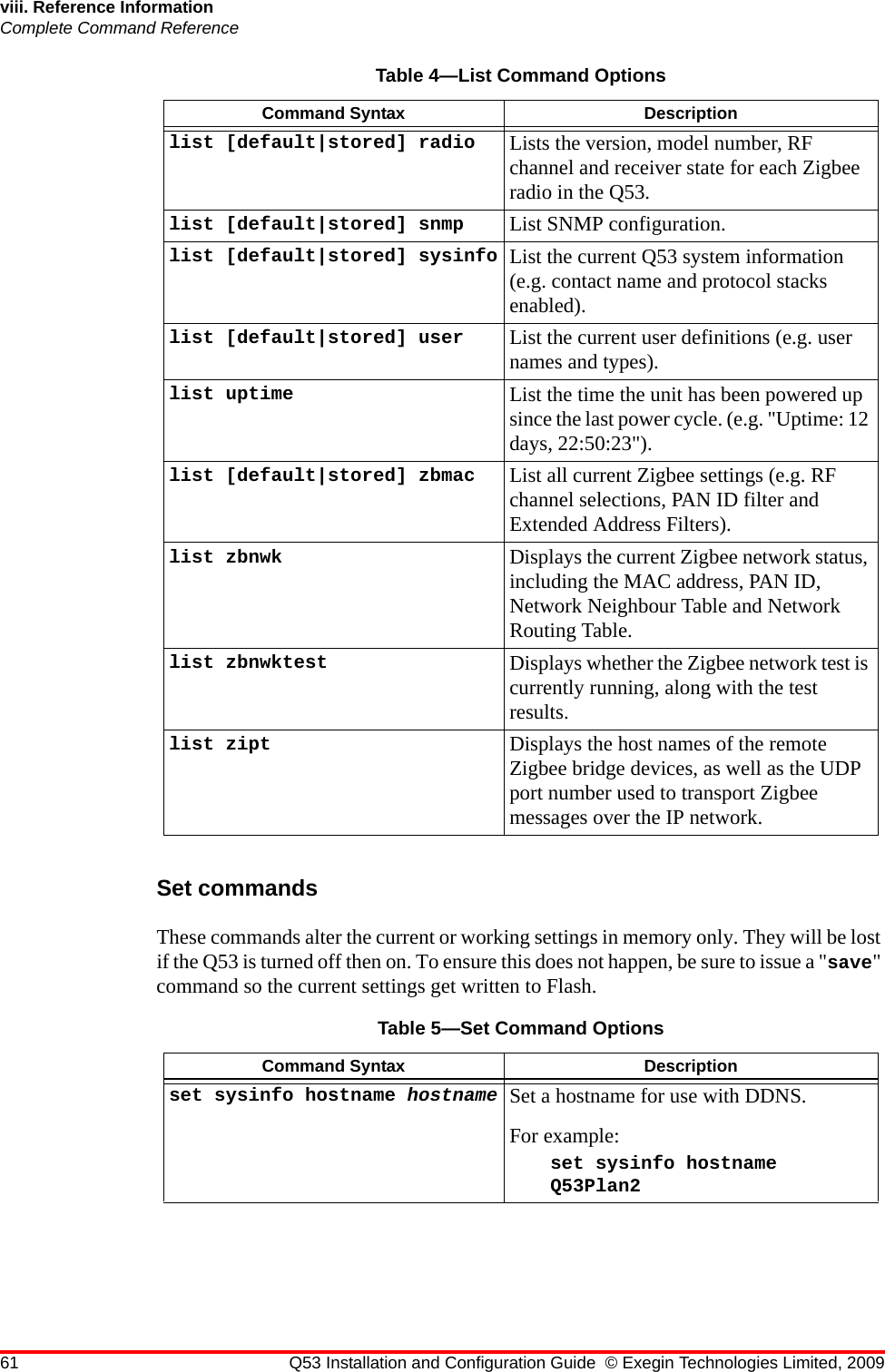 61 Q53 Installation and Configuration Guide © Exegin Technologies Limited, 2009viii. Reference InformationComplete Command ReferenceSet commandsThese commands alter the current or working settings in memory only. They will be lost if the Q53 is turned off then on. To ensure this does not happen, be sure to issue a &quot;save&quot; command so the current settings get written to Flash.list [default|stored] radio Lists the version, model number, RF channel and receiver state for each Zigbee radio in the Q53.list [default|stored] snmp List SNMP configuration.list [default|stored] sysinfo List the current Q53 system information (e.g. contact name and protocol stacks enabled).list [default|stored] user List the current user definitions (e.g. user names and types).list uptime List the time the unit has been powered up since the last power cycle. (e.g. &quot;Uptime: 12 days, 22:50:23&quot;).list [default|stored] zbmac List all current Zigbee settings (e.g. RF channel selections, PAN ID filter and Extended Address Filters).list zbnwk Displays the current Zigbee network status, including the MAC address, PAN ID, Network Neighbour Table and Network Routing Table.list zbnwktest Displays whether the Zigbee network test is currently running, along with the test results.list zipt Displays the host names of the remote Zigbee bridge devices, as well as the UDP port number used to transport Zigbee messages over the IP network.Table 5—Set Command OptionsCommand Syntax Descriptionset sysinfo hostname hostname Set a hostname for use with DDNS. For example:set sysinfo hostname Q53Plan2Table 4—List Command OptionsCommand Syntax Description