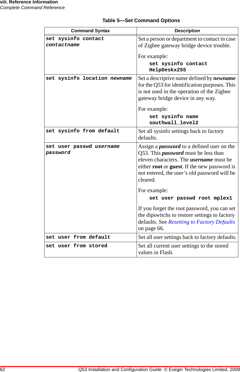 62 Q53 Installation and Configuration Guide © Exegin Technologies Limited, 2009viii. Reference InformationComplete Command Referenceset sysinfo contact contactname Set a person or department to contact in case of Zigbee gateway bridge device trouble. For example:set sysinfo contact HelpDeskx255set sysinfo location newname Set a descriptive name defined by newname for the Q53 for identification purposes. This is not used in the operation of the Zigbee gateway bridge device in any way.For example:set sysinfo name southwall_level2set sysinfo from default Set all sysinfo settings back to factory defaults.set user passwd username password Assign a password to a defined user on the Q53. This password must be less than eleven characters. The username must be either root or guest. If the new password is not entered, the user’s old password will be cleared.For example:set user passwd root mplex1If you forget the root password, you can set the dipswitchs to restore settings to factory defaults. See Resetting to Factory Defaults on page 66.set user from default Set all user settings back to factory defaults.set user from stored Set all current user settings to the stored values in Flash.Table 5—Set Command OptionsCommand Syntax Description