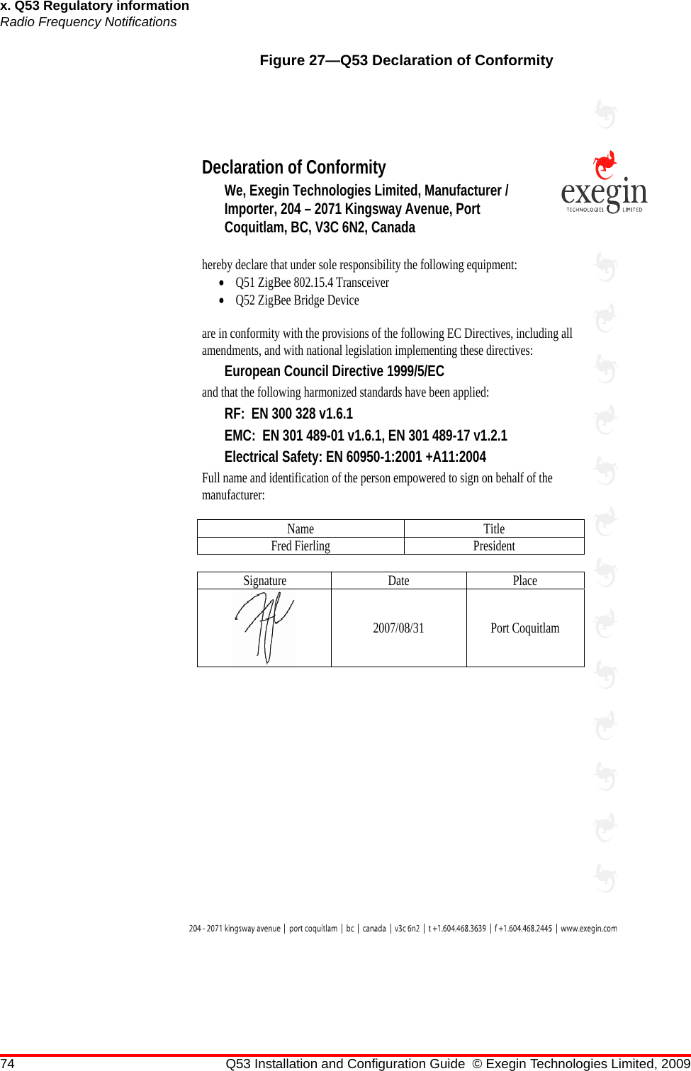 74 Q53 Installation and Configuration Guide © Exegin Technologies Limited, 2009x. Q53 Regulatory informationRadio Frequency NotificationsDeclaration of Conformity We, Exegin Technologies Limited, Manufacturer / Importer, 204 – 2071 Kingsway Avenue, Port Coquitlam, BC, V3C 6N2, Canada hereby declare that under sole responsibility the following equipment: x Q51 ZigBee 802.15.4 Transceiver x Q52 ZigBee Bridge Device are in conformity with the provisions of the following EC Directives, including all amendments, and with national legislation implementing these directives: European Council Directive 1999/5/EC and that the following harmonized standards have been applied: RF:  EN 300 328 v1.6.1 EMC:  EN 301 489-01 v1.6.1, EN 301 489-17 v1.2.1 Electrical Safety: EN 60950-1:2001 +A11:2004 Full name and identification of the person empowered to sign on behalf of the manufacturer: Name Title Fred Fierling  President Signature Date  Place 2007/08/31 Port Coquitlam Figure 27—Q53 Declaration of Conformity