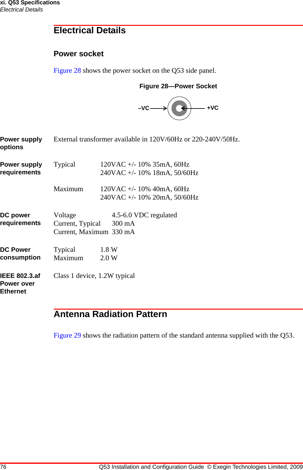 76 Q53 Installation and Configuration Guide © Exegin Technologies Limited, 2009xi. Q53 SpecificationsElectrical DetailsElectrical DetailsPower socketFigure 28 shows the power socket on the Q53 side panel.Figure 28—Power SocketPower supply options External transformer available in 120V/60Hz or 220-240V/50Hz.Power supply requirements Typical 120VAC +/- 10% 35mA, 60Hz240VAC +/- 10% 18mA, 50/60HzMaximum 120VAC +/- 10% 40mA, 60Hz240VAC +/- 10% 20mA, 50/60HzDC power requirements Voltage 4.5-6.0 VDC regulatedCurrent, Typical 300 mACurrent, Maximum 330 mADC Power consumption Typical 1.8 WMaximum 2.0 WIEEE 802.3.af Power over EthernetClass 1 device, 1.2W typicalAntenna Radiation PatternFigure 29 shows the radiation pattern of the standard antenna supplied with the Q53.–VC +VC