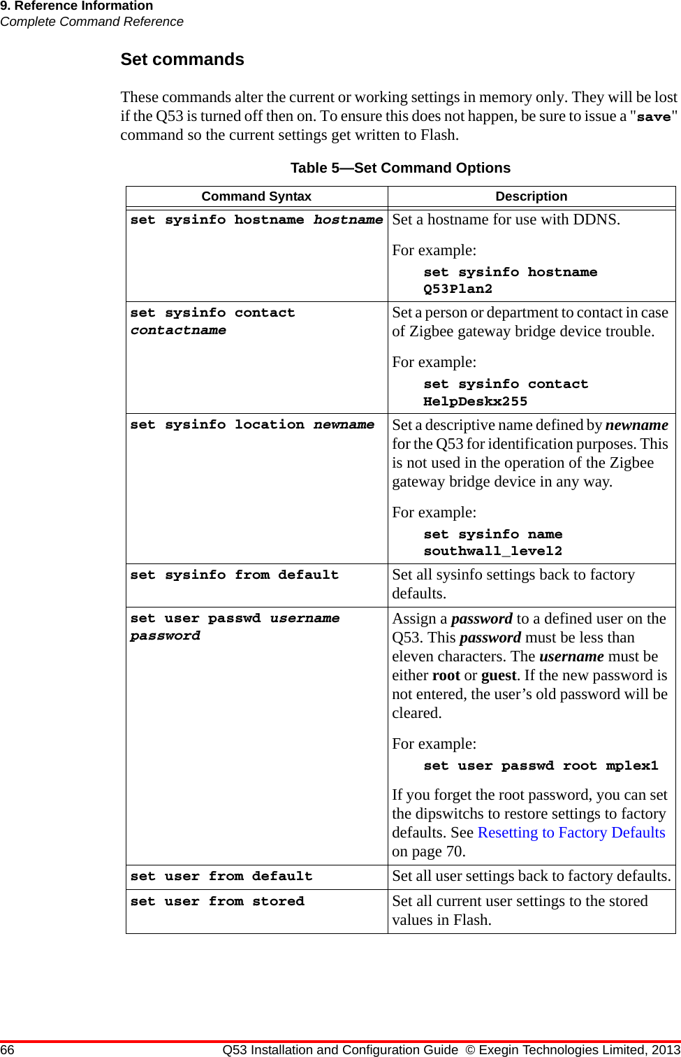 66 Q53 Installation and Configuration Guide © Exegin Technologies Limited, 20139. Reference InformationComplete Command ReferenceSet commandsThese commands alter the current or working settings in memory only. They will be lost if the Q53 is turned off then on. To ensure this does not happen, be sure to issue a &quot;save&quot; command so the current settings get written to Flash.Table 5—Set Command OptionsCommand Syntax Descriptionset sysinfo hostname hostname Set a hostname for use with DDNS. For example:set sysinfo hostname Q53Plan2set sysinfo contact contactnameSet a person or department to contact in case of Zigbee gateway bridge device trouble. For example:set sysinfo contact HelpDeskx255set sysinfo location newname Set a descriptive name defined by newname for the Q53 for identification purposes. This is not used in the operation of the Zigbee gateway bridge device in any way.For example:set sysinfo name southwall_level2set sysinfo from default Set all sysinfo settings back to factory defaults.set user passwd username passwordAssign a password to a defined user on the Q53. This password must be less than eleven characters. The username must be either root or guest. If the new password is not entered, the user’s old password will be cleared.For example:set user passwd root mplex1If you forget the root password, you can set the dipswitchs to restore settings to factory defaults. See Resetting to Factory Defaults on page 70.set user from default Set all user settings back to factory defaults.set user from stored Set all current user settings to the stored values in Flash.