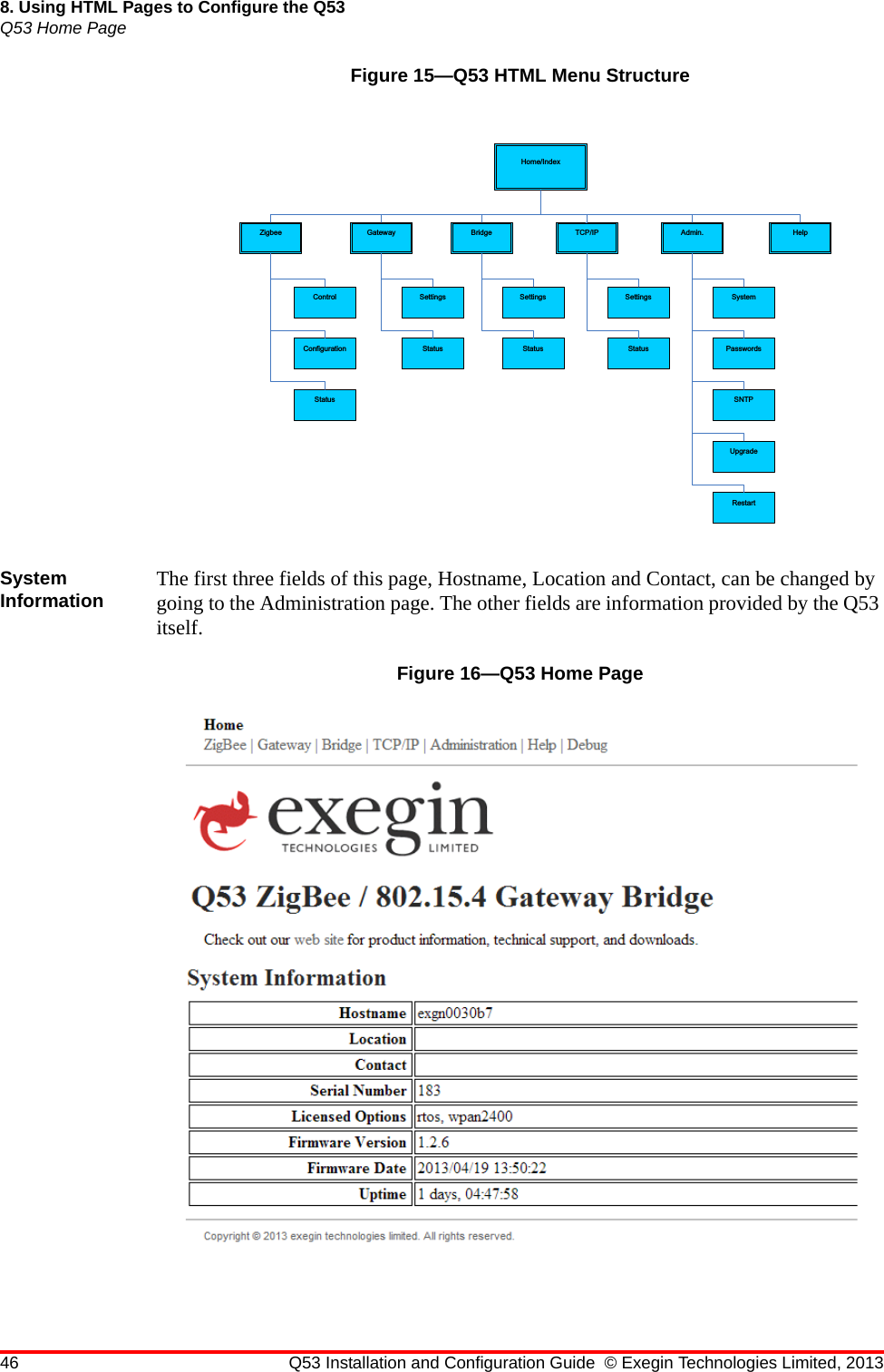 46 Q53 Installation and Configuration Guide © Exegin Technologies Limited, 20138. Using HTML Pages to Configure the Q53Q53 Home PageFigure 15—Q53 HTML Menu StructureSystem Information The first three fields of this page, Hostname, Location and Contact, can be changed by going to the Administration page. The other fields are information provided by the Q53 itself.Figure 16—Q53 Home Page+RPH,QGH[=LJEHH&amp;RQWURO&amp;RQILJXUDWLRQ%ULGJH6HWWLQJV6WDWXV7&amp;3,36HWWLQJV6WDWXV$GPLQ6\VWHP3DVVZRUGV61738SJUDGH5HVWDUW+HOS6WDWXV*DWHZD\6HWWLQJV6WDWXV