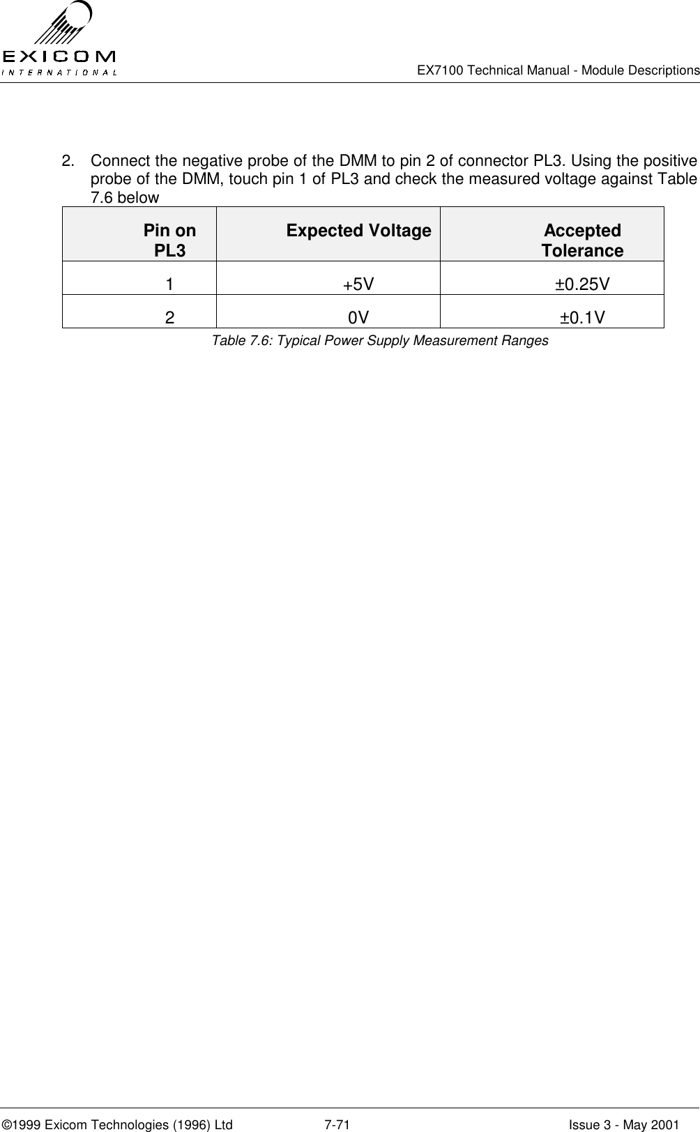   EX7100 Technical Manual - Module Descriptions  ©1999 Exicom Technologies (1996) Ltd  7-71  Issue 3 - May 2001  2.  Connect the negative probe of the DMM to pin 2 of connector PL3. Using the positive probe of the DMM, touch pin 1 of PL3 and check the measured voltage against Table 7.6 below Pin on PL3  Expected Voltage  Accepted Tolerance 1 +5V  ±0.25V 2 0V  ±0.1V Table 7.6: Typical Power Supply Measurement Ranges 