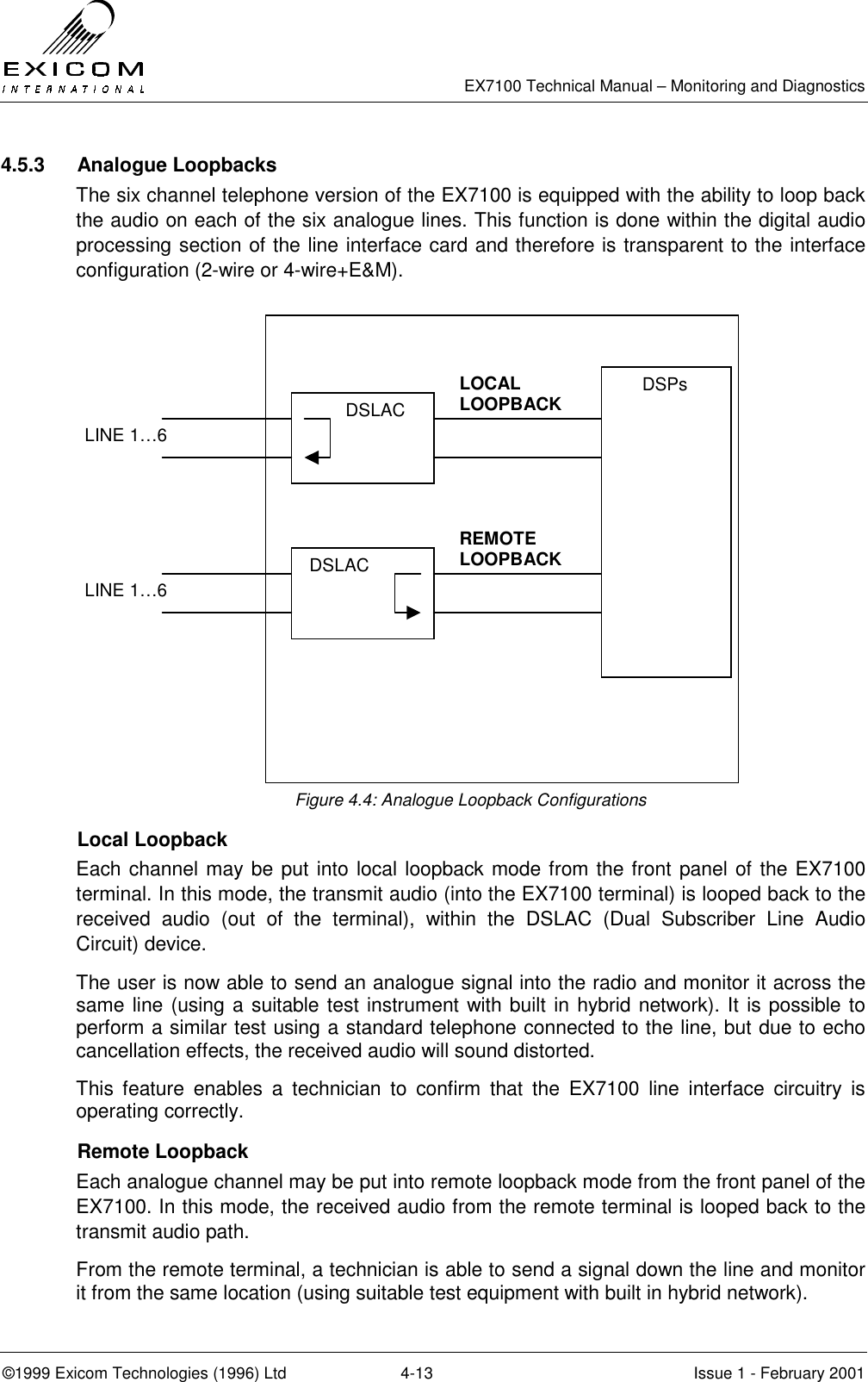   EX7100 Technical Manual – Monitoring and Diagnostics ©1999 Exicom Technologies (1996) Ltd  4-13  Issue 1 - February 2001 4.5.3 Analogue Loopbacks The six channel telephone version of the EX7100 is equipped with the ability to loop back the audio on each of the six analogue lines. This function is done within the digital audio processing section of the line interface card and therefore is transparent to the interface configuration (2-wire or 4-wire+E&amp;M).                  Figure 4.4: Analogue Loopback Configurations  Local Loopback Each channel may be put into local loopback mode from the front panel of the EX7100 terminal. In this mode, the transmit audio (into the EX7100 terminal) is looped back to the received audio (out of the terminal), within the DSLAC (Dual Subscriber Line Audio Circuit) device. The user is now able to send an analogue signal into the radio and monitor it across the same line (using a suitable test instrument with built in hybrid network). It is possible to perform a similar test using a standard telephone connected to the line, but due to echo cancellation effects, the received audio will sound distorted. This feature enables a technician to confirm that the EX7100 line interface circuitry is operating correctly.  Remote Loopback Each analogue channel may be put into remote loopback mode from the front panel of the EX7100. In this mode, the received audio from the remote terminal is looped back to the transmit audio path. From the remote terminal, a technician is able to send a signal down the line and monitor it from the same location (using suitable test equipment with built in hybrid network).            DSLAC LOCAL LOOPBACK  LINE 1…6  DSLAC REMOTE LOOPBACK  LINE 1…6       DSPs 
