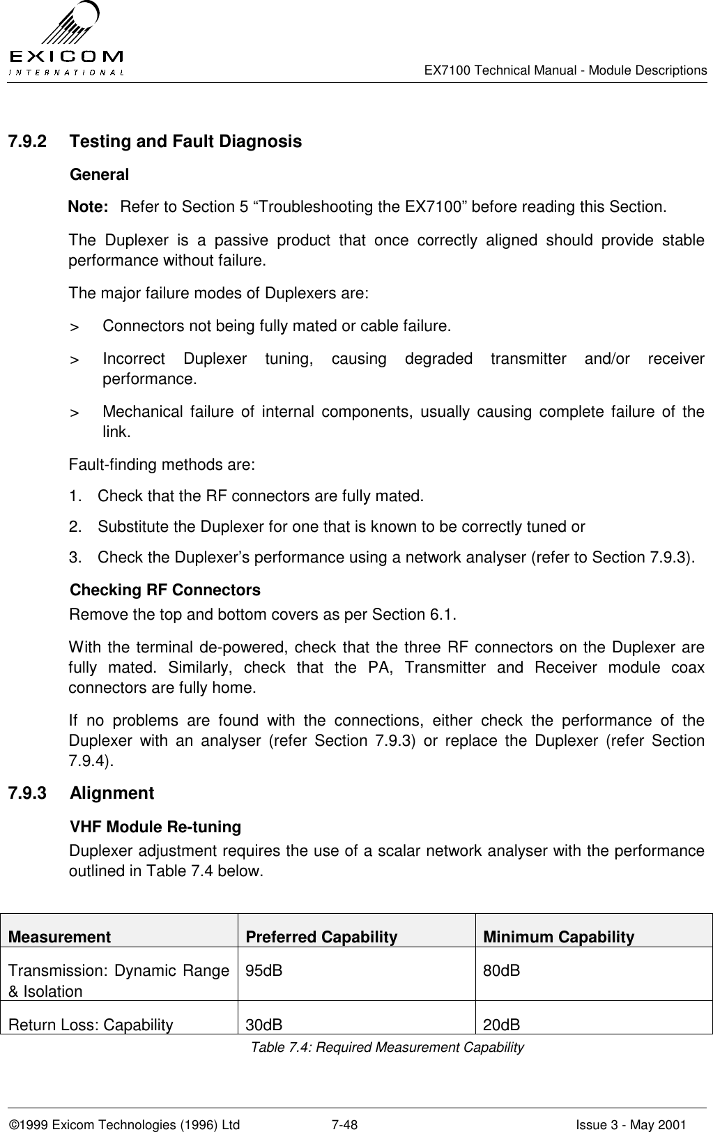   EX7100 Technical Manual - Module Descriptions  ©1999 Exicom Technologies (1996) Ltd  7-48  Issue 3 - May 2001 7.9.2  Testing and Fault Diagnosis  General Note:  Refer to Section 5 “Troubleshooting the EX7100” before reading this Section. The Duplexer is a passive product that once correctly aligned should provide stable performance without failure. The major failure modes of Duplexers are: &gt;  Connectors not being fully mated or cable failure. &gt;  Incorrect Duplexer tuning, causing degraded transmitter and/or receiver performance. &gt;  Mechanical failure of internal components, usually causing complete failure of the link. Fault-finding methods are: 1.  Check that the RF connectors are fully mated. 2.  Substitute the Duplexer for one that is known to be correctly tuned or 3.  Check the Duplexer’s performance using a network analyser (refer to Section 7.9.3).   Checking RF Connectors Remove the top and bottom covers as per Section 6.1. With the terminal de-powered, check that the three RF connectors on the Duplexer are fully mated. Similarly, check that the PA, Transmitter and Receiver module coax connectors are fully home. If no problems are found with the connections, either check the performance of the Duplexer with an analyser (refer Section 7.9.3) or replace the Duplexer (refer Section 7.9.4).  7.9.3 Alignment   VHF Module Re-tuning Duplexer adjustment requires the use of a scalar network analyser with the performance outlined in Table 7.4 below.  Measurement  Preferred Capability  Minimum Capability Transmission: Dynamic Range &amp; Isolation 95dB 80dB Return Loss: Capability  30dB  20dB Table 7.4: Required Measurement Capability 
