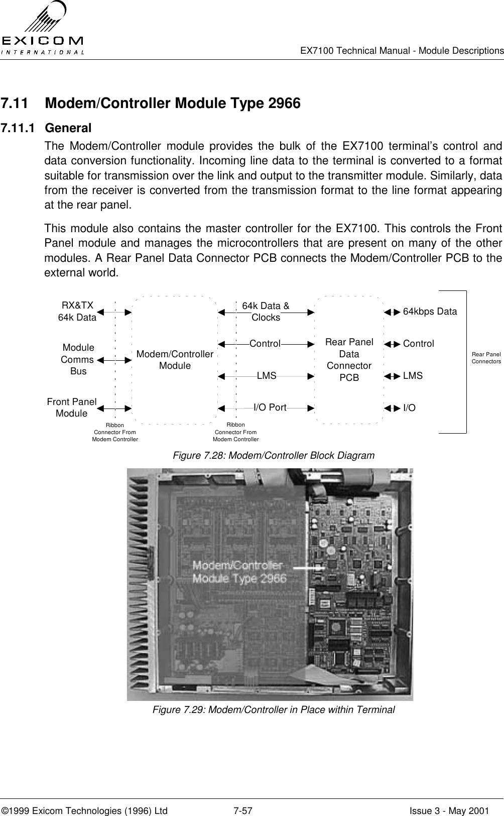   EX7100 Technical Manual - Module Descriptions  ©1999 Exicom Technologies (1996) Ltd  7-57  Issue 3 - May 2001 7.11  Modem/Controller Module Type 2966 7.11.1 General The Modem/Controller module provides the bulk of the EX7100 terminal’s control and data conversion functionality. Incoming line data to the terminal is converted to a format suitable for transmission over the link and output to the transmitter module. Similarly, data from the receiver is converted from the transmission format to the line format appearing at the rear panel. This module also contains the master controller for the EX7100. This controls the Front Panel module and manages the microcontrollers that are present on many of the other modules. A Rear Panel Data Connector PCB connects the Modem/Controller PCB to the external world. Modem/Controller ModuleRear Panel Data Connector PCB64k Data &amp; ClocksI/O PortRibbon Connector From Modem ControllerControlLMS 64kbps Data Control LMS I/OFront Panel ModuleRX&amp;TX 64k DataModule Comms  BusRear Panel ConnectorsRibbon Connector From Modem Controller  Figure 7.28: Modem/Controller Block Diagram Figure 7.29: Modem/Controller in Place within Terminal 