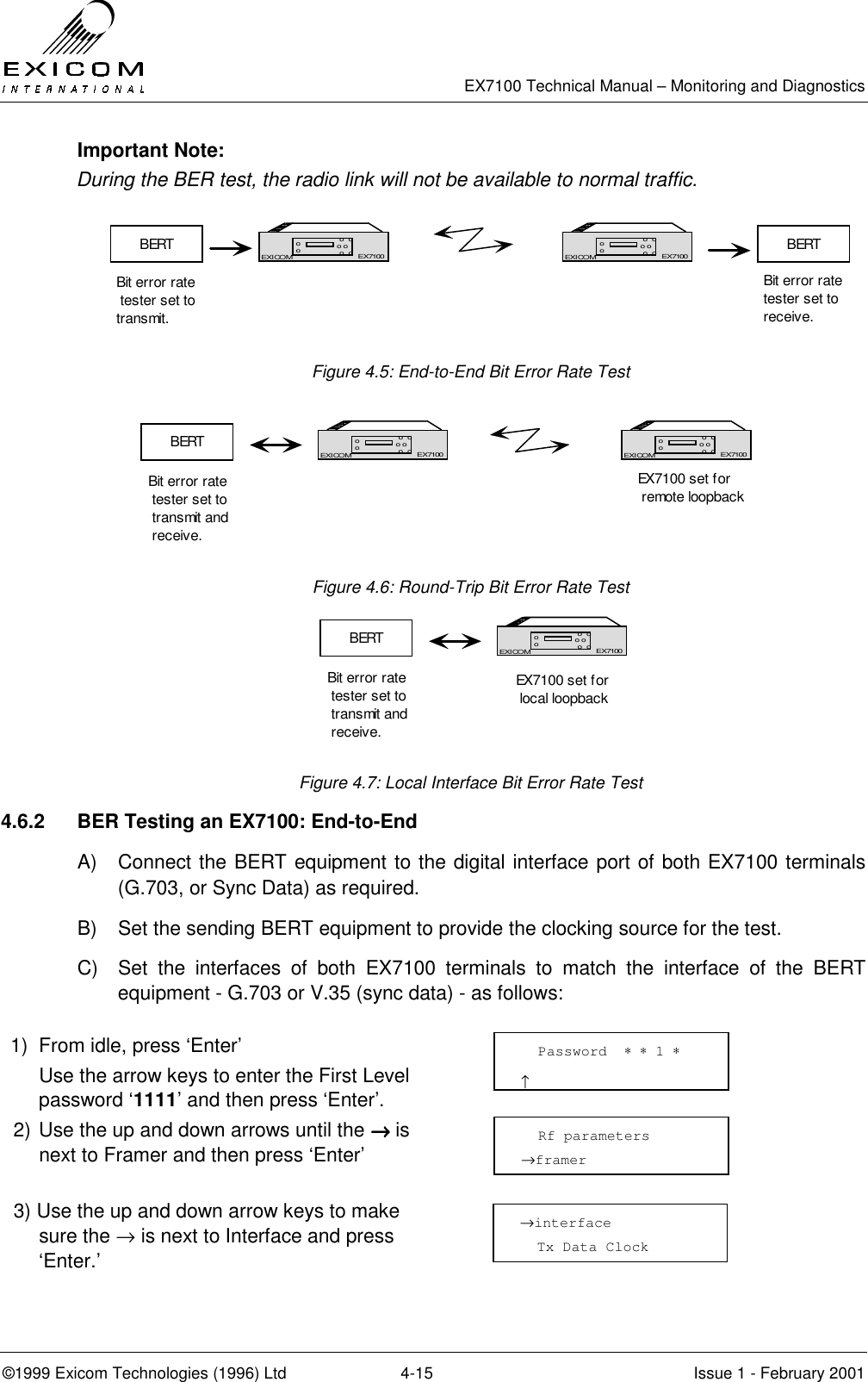   EX7100 Technical Manual – Monitoring and Diagnostics ©1999 Exicom Technologies (1996) Ltd  4-15  Issue 1 - February 2001 Important Note: During the BER test, the radio link will not be available to normal traffic.  Figure 4.5: End-to-End Bit Error Rate Test   Figure 4.6: Round-Trip Bit Error Rate Test  Figure 4.7: Local Interface Bit Error Rate Test 4.6.2  BER Testing an EX7100: End-to-End A)  Connect the BERT equipment to the digital interface port of both EX7100 terminals (G.703, or Sync Data) as required. B)  Set the sending BERT equipment to provide the clocking source for the test. C)  Set the interfaces of both EX7100 terminals to match the interface of the BERT equipment - G.703 or V.35 (sync data) - as follows:  1)  From idle, press ‘Enter’   Use the arrow keys to enter the First Level password ‘1111’ and then press ‘Enter’.  2) Use the up and down arrows until the →→→→ is next to Framer and then press ‘Enter’  3) Use the up and down arrow keys to make sure the → is next to Interface and press ‘Enter.’  EX7100EXICOM o  oo o o  oooEX7100 EX7100EXICOM o  oo o o  oooEX7100BERT BERTBit error rate tester set totransmit.Bit error ratetester set toreceive.EX7100EXICOM o  oo o o  oooEX7100 EX7100EXICOM o  oo o o  oooEX7100BERTBit error rate tester set to transmit and receive.EX7100 set for remote loopbackEX7100EXICOM o  oo o o  oooEX7100BERTBit error rate tester set to transmit and receive.EX7100 set for local loopback  Password  ∗ ∗ 1 ∗                       ↑   Rf parameters →framer →interface   Tx Data Clock 