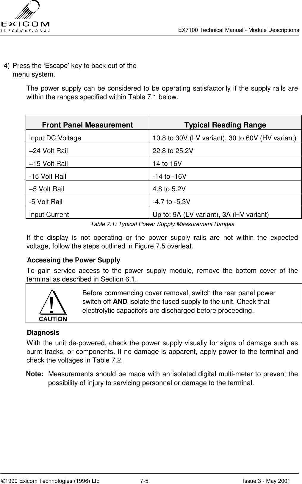   EX7100 Technical Manual - Module Descriptions  ©1999 Exicom Technologies (1996) Ltd  7-5  Issue 3 - May 2001  4) Press the ‘Escape’ key to back out of the menu system.   The power supply can be considered to be operating satisfactorily if the supply rails are within the ranges specified within Table 7.1 below.  Front Panel Measurement  Typical Reading Range Input DC Voltage  10.8 to 30V (LV variant), 30 to 60V (HV variant) +24 Volt Rail  22.8 to 25.2V +15 Volt Rail  14 to 16V -15 Volt Rail  -14 to -16V +5 Volt Rail  4.8 to 5.2V -5 Volt Rail  -4.7 to -5.3V Input Current  Up to: 9A (LV variant), 3A (HV variant) Table 7.1: Typical Power Supply Measurement Ranges If the display is not operating or the power supply rails are not within the expected voltage, follow the steps outlined in Figure 7.5 overleaf.   Accessing the Power Supply To gain service access to the power supply module, remove the bottom cover of the terminal as described in Section 6.1.  Before commencing cover removal, switch the rear panel power switch off AND isolate the fused supply to the unit. Check that electrolytic capacitors are discharged before proceeding.  Diagnosis With the unit de-powered, check the power supply visually for signs of damage such as burnt tracks, or components. If no damage is apparent, apply power to the terminal and check the voltages in Table 7.2. Note:  Measurements should be made with an isolated digital multi-meter to prevent the possibility of injury to servicing personnel or damage to the terminal. 
