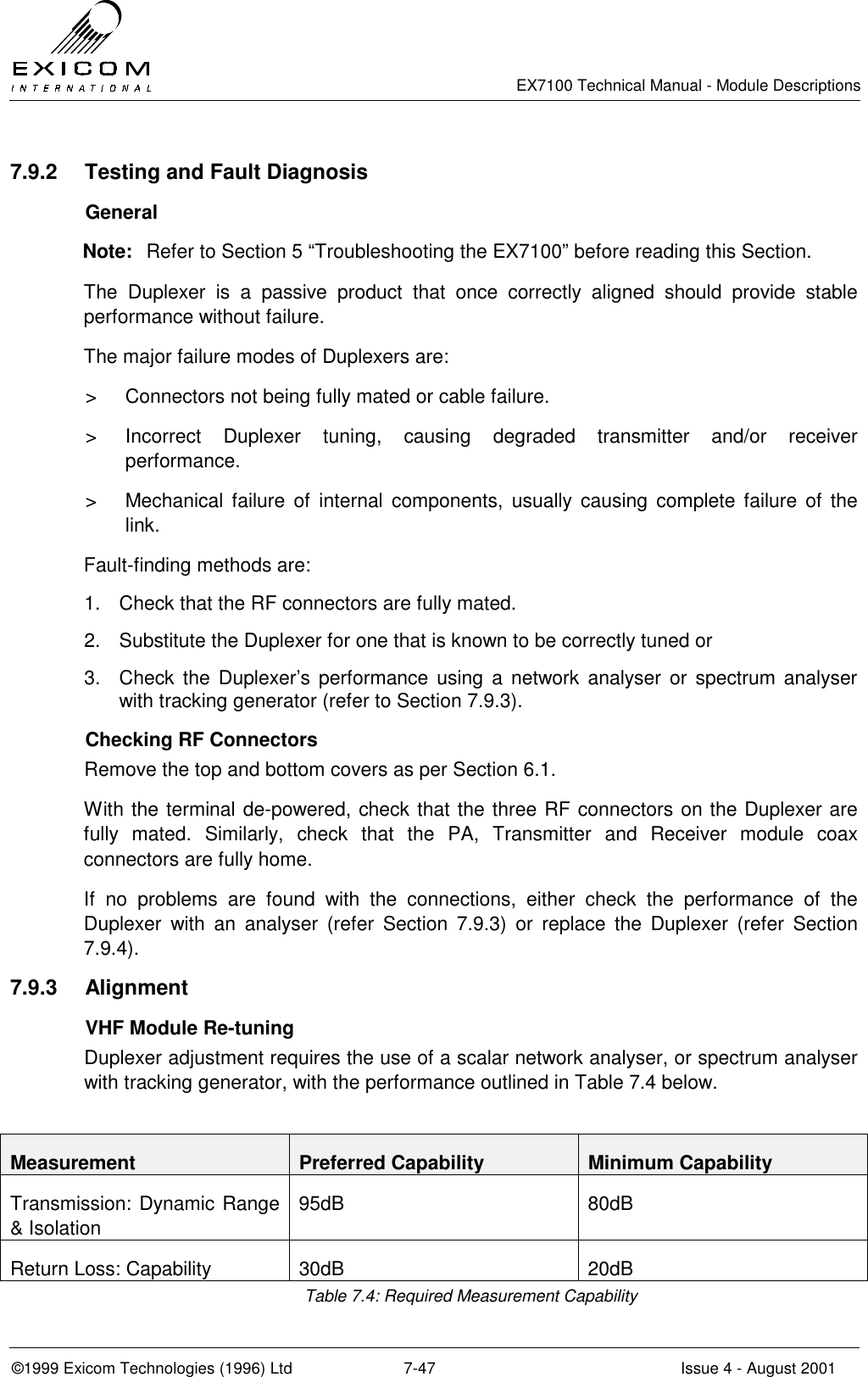   EX7100 Technical Manual - Module Descriptions  ©1999 Exicom Technologies (1996) Ltd  7-47  Issue 4 - August 2001 7.9.2  Testing and Fault Diagnosis  General Note:  Refer to Section 5 “Troubleshooting the EX7100” before reading this Section. The Duplexer is a passive product that once correctly aligned should provide stable performance without failure. The major failure modes of Duplexers are: &gt;  Connectors not being fully mated or cable failure. &gt;  Incorrect Duplexer tuning, causing degraded transmitter and/or receiver performance. &gt;  Mechanical failure of internal components, usually causing complete failure of the link. Fault-finding methods are: 1.  Check that the RF connectors are fully mated. 2.  Substitute the Duplexer for one that is known to be correctly tuned or 3.  Check the Duplexer’s performance using a network analyser or spectrum analyser with tracking generator (refer to Section 7.9.3).   Checking RF Connectors Remove the top and bottom covers as per Section 6.1. With the terminal de-powered, check that the three RF connectors on the Duplexer are fully mated. Similarly, check that the PA, Transmitter and Receiver module coax connectors are fully home. If no problems are found with the connections, either check the performance of the Duplexer with an analyser (refer Section 7.9.3) or replace the Duplexer (refer Section 7.9.4).  7.9.3 Alignment   VHF Module Re-tuning Duplexer adjustment requires the use of a scalar network analyser, or spectrum analyser with tracking generator, with the performance outlined in Table 7.4 below.  Measurement  Preferred Capability  Minimum Capability Transmission: Dynamic Range &amp; Isolation 95dB 80dB Return Loss: Capability  30dB  20dB Table 7.4: Required Measurement Capability 