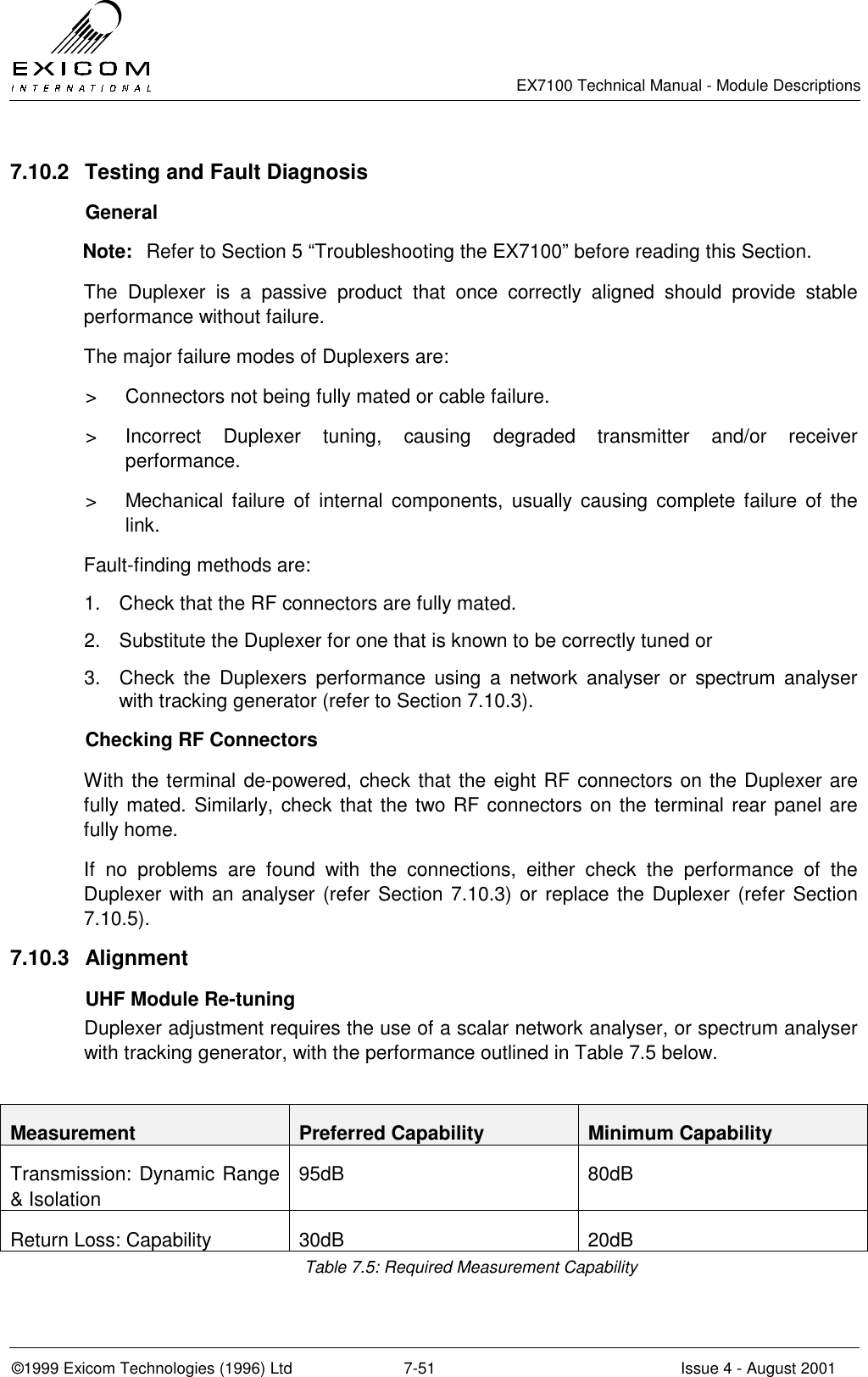   EX7100 Technical Manual - Module Descriptions  ©1999 Exicom Technologies (1996) Ltd  7-51  Issue 4 - August 2001 7.10.2  Testing and Fault Diagnosis  General Note:  Refer to Section 5 “Troubleshooting the EX7100” before reading this Section. The Duplexer is a passive product that once correctly aligned should provide stable performance without failure. The major failure modes of Duplexers are: &gt;  Connectors not being fully mated or cable failure. &gt;  Incorrect Duplexer tuning, causing degraded transmitter and/or receiver performance. &gt;  Mechanical failure of internal components, usually causing complete failure of the link. Fault-finding methods are: 1.  Check that the RF connectors are fully mated. 2.  Substitute the Duplexer for one that is known to be correctly tuned or 3.  Check the Duplexers performance using a network analyser or spectrum analyser with tracking generator (refer to Section 7.10.3).   Checking RF Connectors With the terminal de-powered, check that the eight RF connectors on the Duplexer are fully mated. Similarly, check that the two RF connectors on the terminal rear panel are fully home. If no problems are found with the connections, either check the performance of the Duplexer with an analyser (refer Section 7.10.3) or replace the Duplexer (refer Section 7.10.5). 7.10.3 Alignment   UHF Module Re-tuning Duplexer adjustment requires the use of a scalar network analyser, or spectrum analyser with tracking generator, with the performance outlined in Table 7.5 below.  Measurement  Preferred Capability  Minimum Capability Transmission: Dynamic Range &amp; Isolation 95dB 80dB Return Loss: Capability  30dB  20dB Table 7.5: Required Measurement Capability 