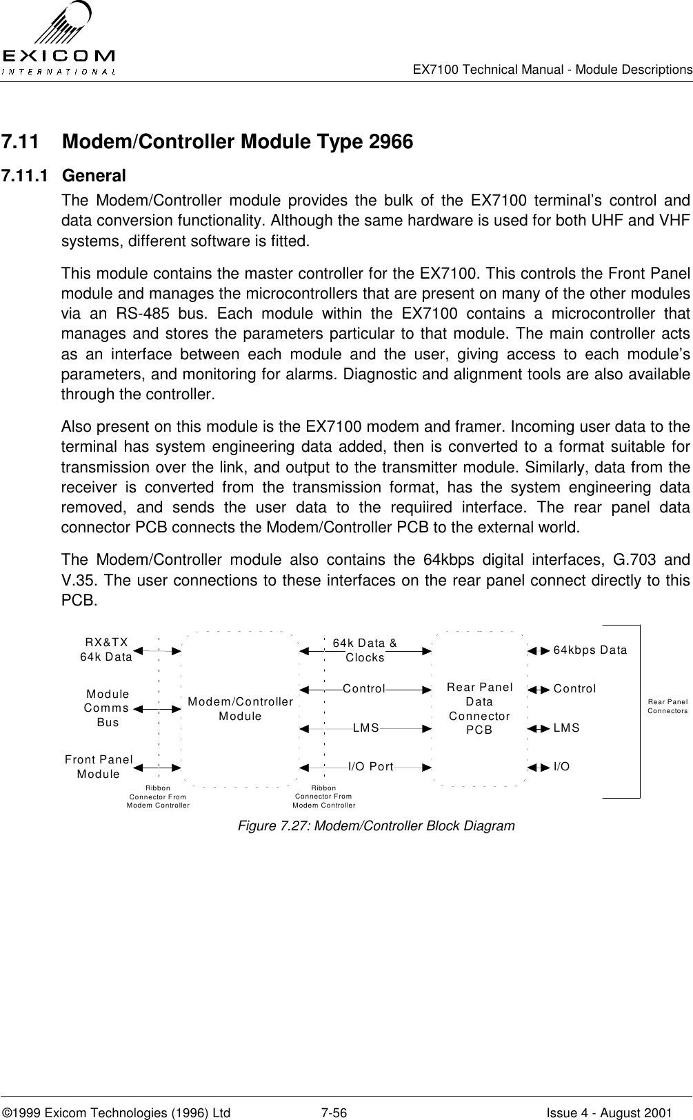   EX7100 Technical Manual - Module Descriptions  ©1999 Exicom Technologies (1996) Ltd  7-56  Issue 4 - August 2001 7.11  Modem/Controller Module Type 2966 7.11.1 General The Modem/Controller module provides the bulk of the EX7100 terminal’s control and data conversion functionality. Although the same hardware is used for both UHF and VHF systems, different software is fitted.   This module contains the master controller for the EX7100. This controls the Front Panel module and manages the microcontrollers that are present on many of the other modules via an RS-485 bus. Each module within the EX7100 contains a microcontroller that manages and stores the parameters particular to that module. The main controller acts as an interface between each module and the user, giving access to each module’s parameters, and monitoring for alarms. Diagnostic and alignment tools are also available through the controller.  Also present on this module is the EX7100 modem and framer. Incoming user data to the terminal has system engineering data added, then is converted to a format suitable for transmission over the link, and output to the transmitter module. Similarly, data from the receiver is converted from the transmission format, has the system engineering data removed, and sends the user data to the requiired interface. The rear panel data connector PCB connects the Modem/Controller PCB to the external world. The Modem/Controller module also contains the 64kbps digital interfaces, G.703 and V.35. The user connections to these interfaces on the rear panel connect directly to this PCB. Modem/Controller ModuleRear Panel Data Connector PCB64k Data &amp; ClocksI/O PortRibbon Connector From Modem ControllerControlLMS 64kbps Data Control LMS I/OFront Panel ModuleRX&amp;TX 64k DataModule Comms  BusRear Panel ConnectorsRibbon Connector From Modem Controller  Figure 7.27: Modem/Controller Block Diagram 
