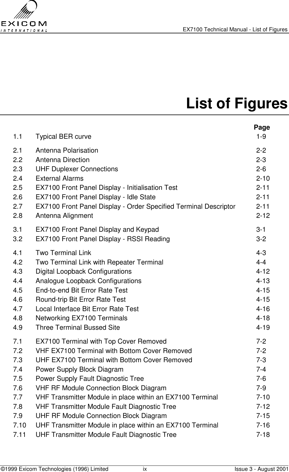  EX7100 Technical Manual - List of Figures ©1999 Exicom Technologies (1996) Limited  ix  Issue 3 - August 2001    List of Figures  Page 1.1  Typical BER curve  1-9 2.1 Antenna Polarisation  2-2 2.2 Antenna Direction  2-3 2.3  UHF Duplexer Connections  2-6 2.4 External Alarms  2-10 2.5  EX7100 Front Panel Display - Initialisation Test  2-11 2.6  EX7100 Front Panel Display - Idle State  2-11 2.7  EX7100 Front Panel Display - Order Specified Terminal Descriptor  2-11 2.8 Antenna Alignment  2-12 3.1  EX7100 Front Panel Display and Keypad  3-1 3.2  EX7100 Front Panel Display - RSSI Reading  3-2 4.1  Two Terminal Link  4-3 4.2  Two Terminal Link with Repeater Terminal  4-4 4.3  Digital Loopback Configurations  4-12 4.4  Analogue Loopback Configurations  4-13 4.5  End-to-end Bit Error Rate Test  4-15 4.6  Round-trip Bit Error Rate Test  4-15 4.7  Local Interface Bit Error Rate Test  4-16 4.8  Networking EX7100 Terminals  4-18 4.9  Three Terminal Bussed Site  4-19 7.1  EX7100 Terminal with Top Cover Removed  7-2 7.2  VHF EX7100 Terminal with Bottom Cover Removed  7-2 7.3  UHF EX7100 Terminal with Bottom Cover Removed  7-3 7.4  Power Supply Block Diagram  7-4 7.5  Power Supply Fault Diagnostic Tree  7-6 7.6  VHF RF Module Connection Block Diagram  7-9 7.7  VHF Transmitter Module in place within an EX7100 Terminal  7-10 7.8  VHF Transmitter Module Fault Diagnostic Tree  7-12 7.9  UHF RF Module Connection Block Diagram  7-15 7.10  UHF Transmitter Module in place within an EX7100 Terminal  7-16 7.11  UHF Transmitter Module Fault Diagnostic Tree  7-18 