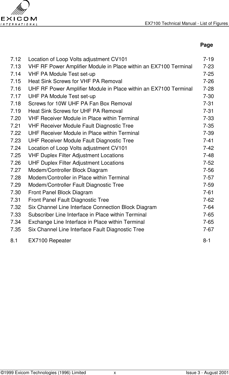   EX7100 Technical Manual - List of Figures ©1999 Exicom Technologies (1996) Limited  x  Issue 3 - August 2001   Page  7.12  Location of Loop Volts adjustment CV101  7-19 7.13  VHF RF Power Amplifier Module in Place within an EX7100 Terminal  7-23 7.14  VHF PA Module Test set-up  7-25 7.15  Heat Sink Screws for VHF PA Removal  7-26 7.16  UHF RF Power Amplifier Module in Place within an EX7100 Terminal  7-28 7.17  UHF PA Module Test set-up  7-30 7.18  Screws for 10W UHF PA Fan Box Removal  7-31 7.19  Heat Sink Screws for UHF PA Removal  7-31 7.20  VHF Receiver Module in Place within Terminal  7-33 7.21  VHF Receiver Module Fault Diagnostic Tree  7-35 7.22  UHF Receiver Module in Place within Terminal  7-39 7.23  UHF Receiver Module Fault Diagnostic Tree  7-41 7.24  Location of Loop Volts adjustment CV101  7-42 7.25  VHF Duplex Filter Adjustment Locations  7-48 7.26  UHF Duplex Filter Adjustment Locations  7-52 7.27  Modem/Controller Block Diagram  7-56 7.28  Modem/Controller in Place within Terminal  7-57 7.29  Modem/Controller Fault Diagnostic Tree  7-59 7.30  Front Panel Block Diagram  7-61 7.31  Front Panel Fault Diagnostic Tree  7-62 7.32  Six Channel Line Interface Connection Block Diagram  7-64 7.33  Subscriber Line Interface in Place within Terminal  7-65 7.34  Exchange Line Interface in Place within Terminal  7-65 7.35  Six Channel Line Interface Fault Diagnostic Tree  7-67 8.1 EX7100 Repeater  8-1  
