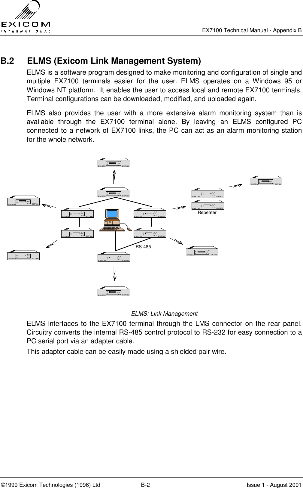   EX7100 Technical Manual - Appendix B ©1999 Exicom Technologies (1996) Ltd  B-2  Issue 1 - August 2001 B.2  ELMS (Exicom Link Management System) ELMS is a software program designed to make monitoring and configuration of single and multiple EX7100 terminals easier for the user. ELMS operates on a Windows 95 or Windows NT platform.  It enables the user to access local and remote EX7100 terminals.  Terminal configurations can be downloaded, modified, and uploaded again. ELMS also provides the user with a more extensive alarm monitoring system than is available through the EX7100 terminal alone. By leaving an ELMS configured PC connected to a network of EX7100 links, the PC can act as an alarm monitoring station for the whole network.   ELMS: Link Management ELMS interfaces to the EX7100 terminal through the LMS connector on the rear panel. Circuitry converts the internal RS-485 control protocol to RS-232 for easy connection to a PC serial port via an adapter cable.  This adapter cable can be easily made using a shielded pair wire.   EX7100EXICOM o  oo o o  oooEX7100EX7100EXICOM o  oo o o  oooEX7100EX7100EXICOM o  oo o o  oooEX7100EX7100EXICOM o  oo o o  oooEX7100EX7100EXICOM o  oo o o  oooEX7100EX7100EXICOM o  oo o o  oooEX7100EX7100EXICOM o  oo o o  oooEX7100EX7100EXICOM o  oo o o  oooEX7100EX7100EXICOM o  oo o o  oooEX7100EX7100EXICOM o  oo o o  oooEX7100EX7100EXICOM o  oo o o  oooEX7100EX7100EXICOM o  oo o o  oooEX7100RS-485EX7100EXICOM o  oo o o  oooEX7100EX7100EXICOM o  oo o o  oooEX7100Repeater