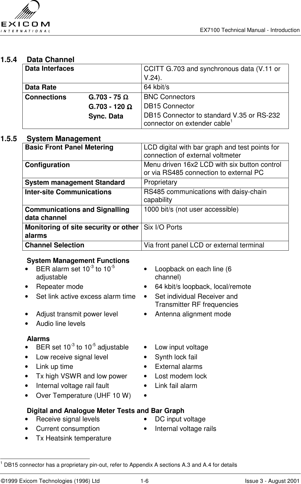   EX7100 Technical Manual - Introduction  ©1999 Exicom Technologies (1996) Ltd  1-6  Issue 3 - August 2001 1.5.4 Data Channel Data Interfaces  CCITT G.703 and synchronous data (V.11 or V.24). Data Rate  64 kbit/s Connections  G.703 - 75 ΩΩΩΩ   G.703 - 120 ΩΩΩΩ  Sync. Data BNC Connectors DB15 Connector DB15 Connector to standard V.35 or RS-232 connector on extender cable1 1.5.5 System Management Basic Front Panel Metering  LCD digital with bar graph and test points for connection of external voltmeter  Configuration  Menu driven 16x2 LCD with six button control or via RS485 connection to external PC System management Standard  Proprietary Inter-site Communications  RS485 communications with daisy-chain capability Communications and Signalling data channel  1000 bit/s (not user accessible) Monitoring of site security or other alarms  Six I/O Ports Channel Selection  Via front panel LCD or external terminal   System Management Functions •  BER alarm set 10-3 to 10-5 adjustable  •  Loopback on each line (6 channel) •  Repeater mode  •  64 kbit/s loopback, local/remote •  Set link active excess alarm time  •  Set individual Receiver and Transmitter RF frequencies •  Adjust transmit power level  •  Antenna alignment mode •  Audio line levels    Alarms •  BER set 10-3 to 10-5 adjustable  •  Low input voltage •  Low receive signal level  •  Synth lock fail •  Link up time  •  External alarms •  Tx high VSWR and low power  •  Lost modem lock •  Internal voltage rail fault  •  Link fail alarm •  Over Temperature (UHF 10 W)  •     Digital and Analogue Meter Tests and Bar Graph •  Receive signal levels  •  DC input voltage •  Current consumption  •  Internal voltage rails •  Tx Heatsink temperature                                                   1 DB15 connector has a proprietary pin-out, refer to Appendix A sections A.3 and A.4 for details 