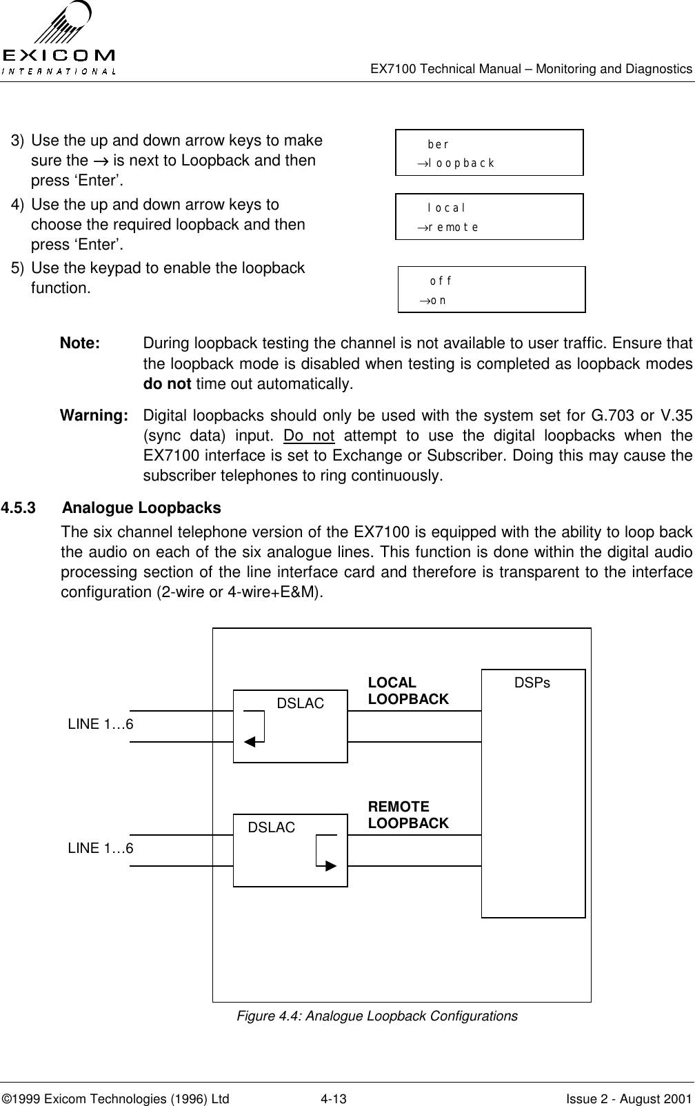   EX7100 Technical Manual – Monitoring and Diagnostics ©1999 Exicom Technologies (1996) Ltd  4-13  Issue 2 - August 2001  3) Use the up and down arrow keys to make sure the →→→→ is next to Loopback and then press ‘Enter’.  4) Use the up and down arrow keys to choose the required loopback and then press ‘Enter’.  5) Use the keypad to enable the loopback function.   Note:  During loopback testing the channel is not available to user traffic. Ensure that the loopback mode is disabled when testing is completed as loopback modes do not time out automatically. Warning:  Digital loopbacks should only be used with the system set for G.703 or V.35 (sync data) input. Do not attempt to use the digital loopbacks when the EX7100 interface is set to Exchange or Subscriber. Doing this may cause the subscriber telephones to ring continuously. 4.5.3 Analogue Loopbacks The six channel telephone version of the EX7100 is equipped with the ability to loop back the audio on each of the six analogue lines. This function is done within the digital audio processing section of the line interface card and therefore is transparent to the interface configuration (2-wire or 4-wire+E&amp;M).                  Figure 4.4: Analogue Loopback Configurations            DSLAC LOCAL LOOPBACK  LINE 1…6  DSLAC REMOTE LOOPBACK  LINE 1…6       DSPs   ber →loopback   local →remote   off →on 