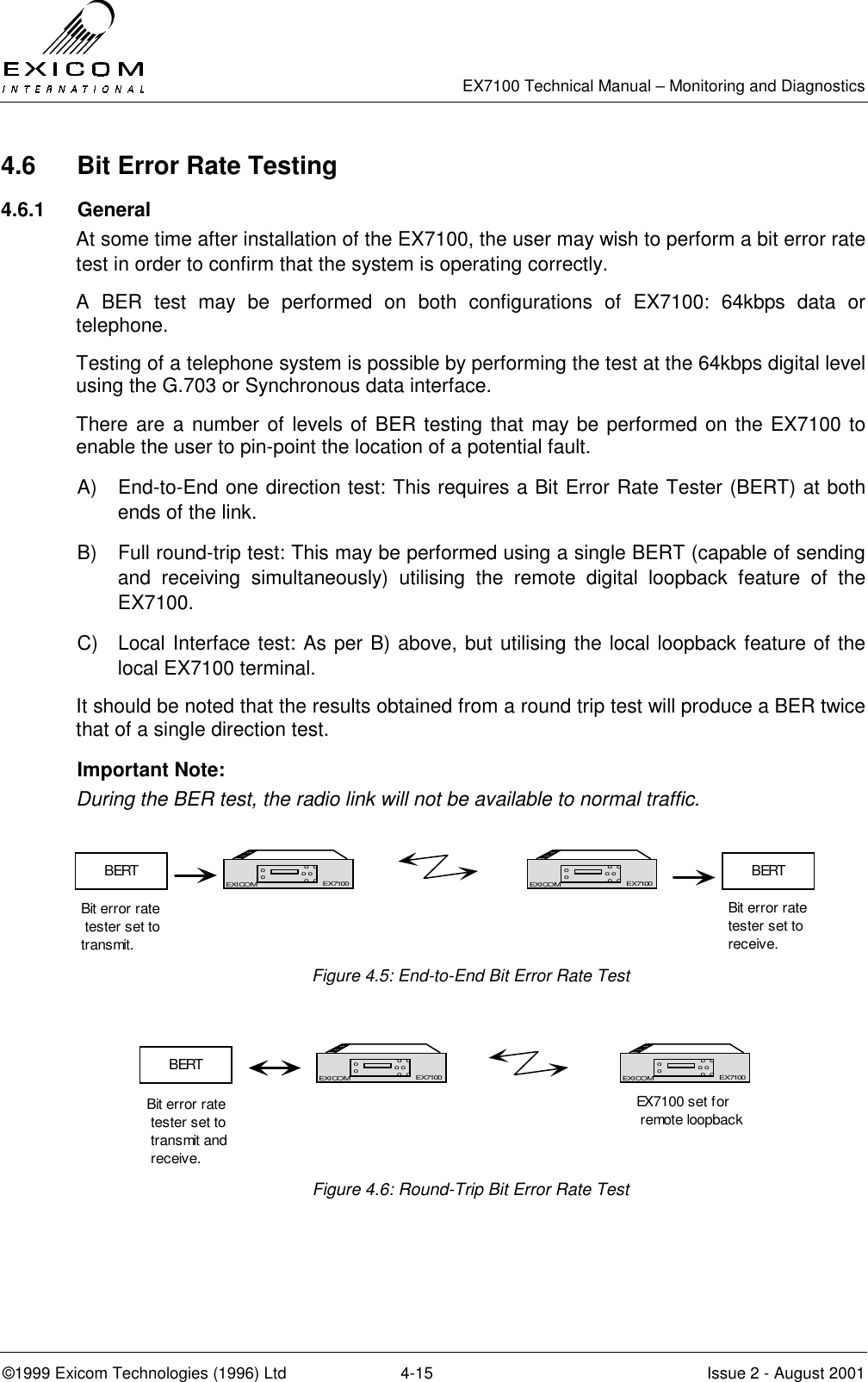   EX7100 Technical Manual – Monitoring and Diagnostics ©1999 Exicom Technologies (1996) Ltd  4-15  Issue 2 - August 2001 4.6  Bit Error Rate Testing 4.6.1 General At some time after installation of the EX7100, the user may wish to perform a bit error rate test in order to confirm that the system is operating correctly. A BER test may be performed on both configurations of EX7100: 64kbps data or telephone. Testing of a telephone system is possible by performing the test at the 64kbps digital level using the G.703 or Synchronous data interface. There are a number of levels of BER testing that may be performed on the EX7100 to enable the user to pin-point the location of a potential fault. A)  End-to-End one direction test: This requires a Bit Error Rate Tester (BERT) at both ends of the link. B)  Full round-trip test: This may be performed using a single BERT (capable of sending and receiving simultaneously) utilising the remote digital loopback feature of the EX7100. C)  Local Interface test: As per B) above, but utilising the local loopback feature of the local EX7100 terminal. It should be noted that the results obtained from a round trip test will produce a BER twice that of a single direction test. Important Note: During the BER test, the radio link will not be available to normal traffic.  Figure 4.5: End-to-End Bit Error Rate Test   Figure 4.6: Round-Trip Bit Error Rate Test EX7100EXICOM o  oo o o  oooEX7100 EX7100EXICOM o  oo o o  oooEX7100BERT BERTBit error rate tester set totransmit.Bit error ratetester set toreceive.EX7100EXICOM o  oo o o  oooEX7100 EX7100EXICOM o  oo o o  oooEX7100BERTBit error rate tester set to transmit and receive.EX7100 set for remote loopback