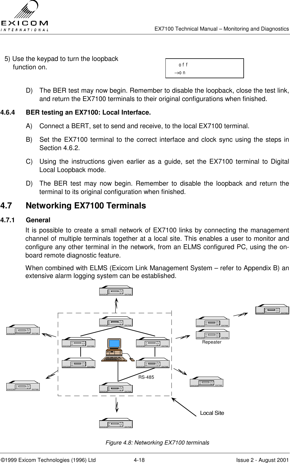   EX7100 Technical Manual – Monitoring and Diagnostics ©1999 Exicom Technologies (1996) Ltd  4-18  Issue 2 - August 2001  5) Use the keypad to turn the loopback function on.   D)  The BER test may now begin. Remember to disable the loopback, close the test link, and return the EX7100 terminals to their original configurations when finished. 4.6.4  BER testing an EX7100: Local Interface. A)  Connect a BERT, set to send and receive, to the local EX7100 terminal. B)  Set the EX7100 terminal to the correct interface and clock sync using the steps in Section 4.6.2. C)  Using the instructions given earlier as a guide, set the EX7100 terminal to Digital Local Loopback mode. D)  The BER test may now begin. Remember to disable the loopback and return the terminal to its original configuration when finished. 4.7  Networking EX7100 Terminals 4.7.1 General It is possible to create a small network of EX7100 links by connecting the management channel of multiple terminals together at a local site. This enables a user to monitor and configure any other terminal in the network, from an ELMS configured PC, using the on-board remote diagnostic feature. When combined with ELMS (Exicom Link Management System – refer to Appendix B) an extensive alarm logging system can be established.  Figure 4.8: Networking EX7100 terminals EX7100EXICOM o  oo o o  oooEX7100EX7100EXICOM o  oo o o  oooEX7100EX7100EXICOM o  oo o o  oooEX7100EX7100EXICOM o  oo o o  oooEX7100EX7100EXICOM o  oo o o  oooEX7100EX7100EXICOM o  oo o o  oooEX7100EX7100EXICOM o  oo o o  oooEX7100EX7100EXICOM o  oo o o  oooEX7100EX7100EXICOM o  oo o o  oooEX7100EX7100EXICOM o  oo o o  oooEX7100EX7100EXICOM o  oo o o  oooEX7100EX7100EXICOM o  oo o o  oooEX7100RS-485EX7100EXICOM o  oo o o  oooEX7100EX7100EXICOM o  oo o o  oooEX7100RepeaterLocal Site  off →on 