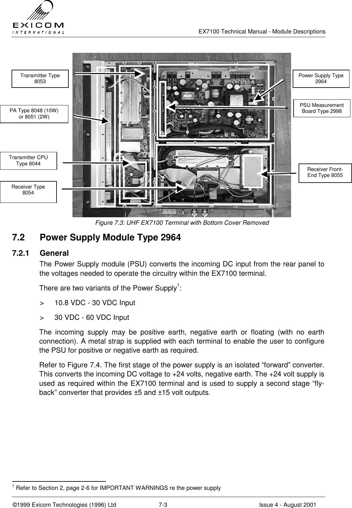   EX7100 Technical Manual - Module Descriptions  ©1999 Exicom Technologies (1996) Ltd  7-3  Issue 4 - August 2001  Figure 7.3: UHF EX7100 Terminal with Bottom Cover Removed 7.2  Power Supply Module Type 2964 7.2.1 General The Power Supply module (PSU) converts the incoming DC input from the rear panel to the voltages needed to operate the circuitry within the EX7100 terminal. There are two variants of the Power Supply1: &gt;  10.8 VDC - 30 VDC Input &gt;  30 VDC - 60 VDC Input The incoming supply may be positive earth, negative earth or floating (with no earth connection). A metal strap is supplied with each terminal to enable the user to configure the PSU for positive or negative earth as required. Refer to Figure 7.4. The first stage of the power supply is an isolated “forward” converter. This converts the incoming DC voltage to +24 volts, negative earth. The +24 volt supply is used as required within the EX7100 terminal and is used to supply a second stage “fly-back” converter that provides ±5 and ±15 volt outputs.                                                  1 Refer to Section 2, page 2-6 for IMPORTANT WARNINGS re the power supply PA Type 8048 (10W) or 8051 (2W) Transmitter Type 8053 Receiver Type 8054 Receiver Front-End Type 8055 Power Supply Type 2964 PSU Measurement Board Type 2998 Transmitter CPU Type 8044 