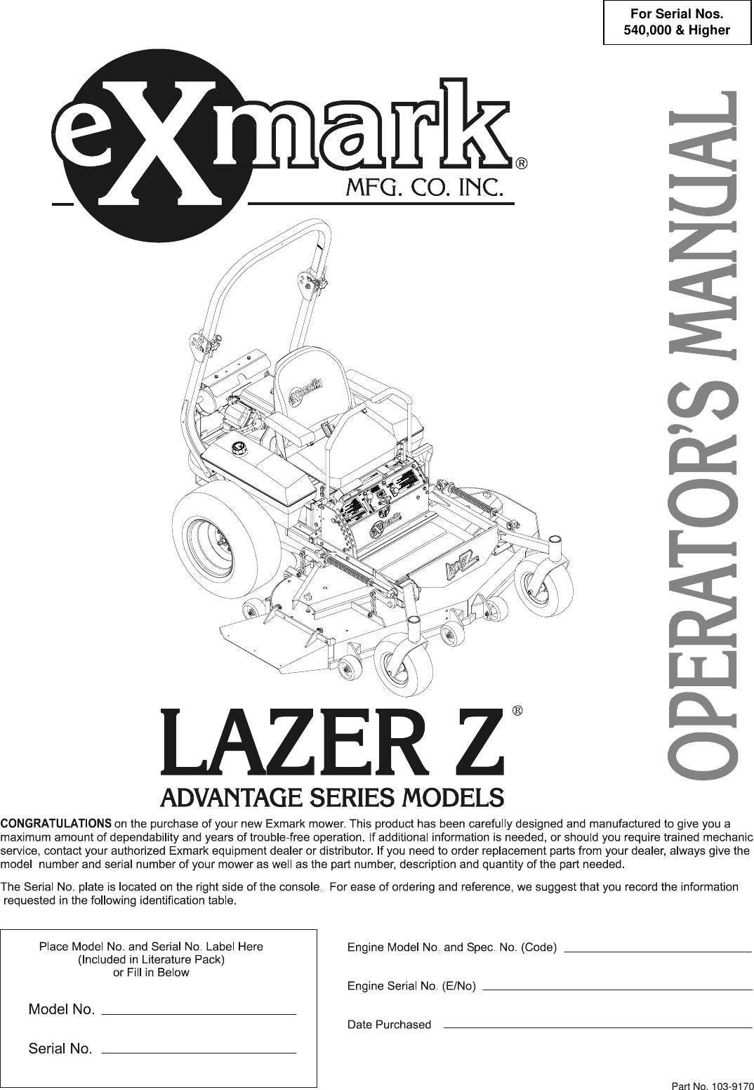 Exmark Lawn Tractor Users Manual 103 9170