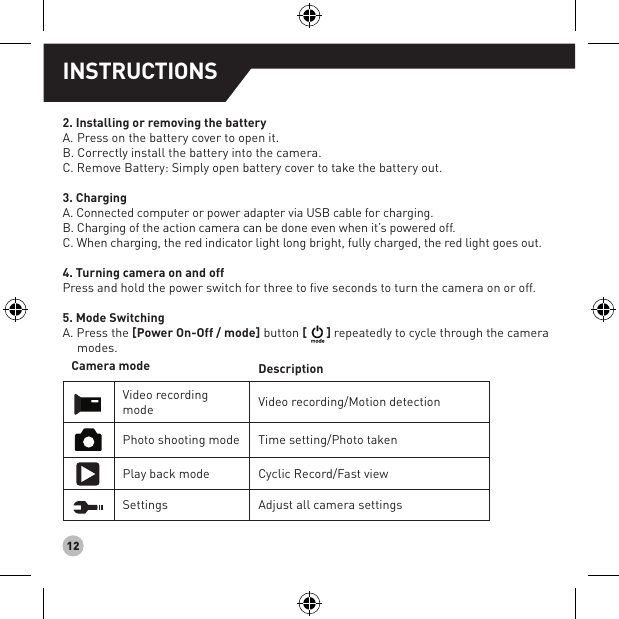 122. Installing or removing the batteryA. Press on the battery cover to open it.B. Correctly install the battery into the camera.C. Remove Battery: Simply open battery cover to take the battery out. 3. Charging A. Connected computer or power adapter via USB cable for charging.B. Charging of the action camera can be done even when it’s powered off.C. When charging, the red indicator light long bright, fully charged, the red light goes out.4. Turning camera on and off  Press and hold the power switch for three to five seconds to turn the camera on or off.5. Mode Switching   A. Press the [Power On-Off / mode] button [ ] repeatedly to cycle through the camera modes.Camera mode Description  Video recording mode Video recording/Motion detection  Photo shooting mode Time setting/Photo takenPlay back mode Cyclic Record/Fast view Settings Adjust all camera settingsINSTRUCTIONS