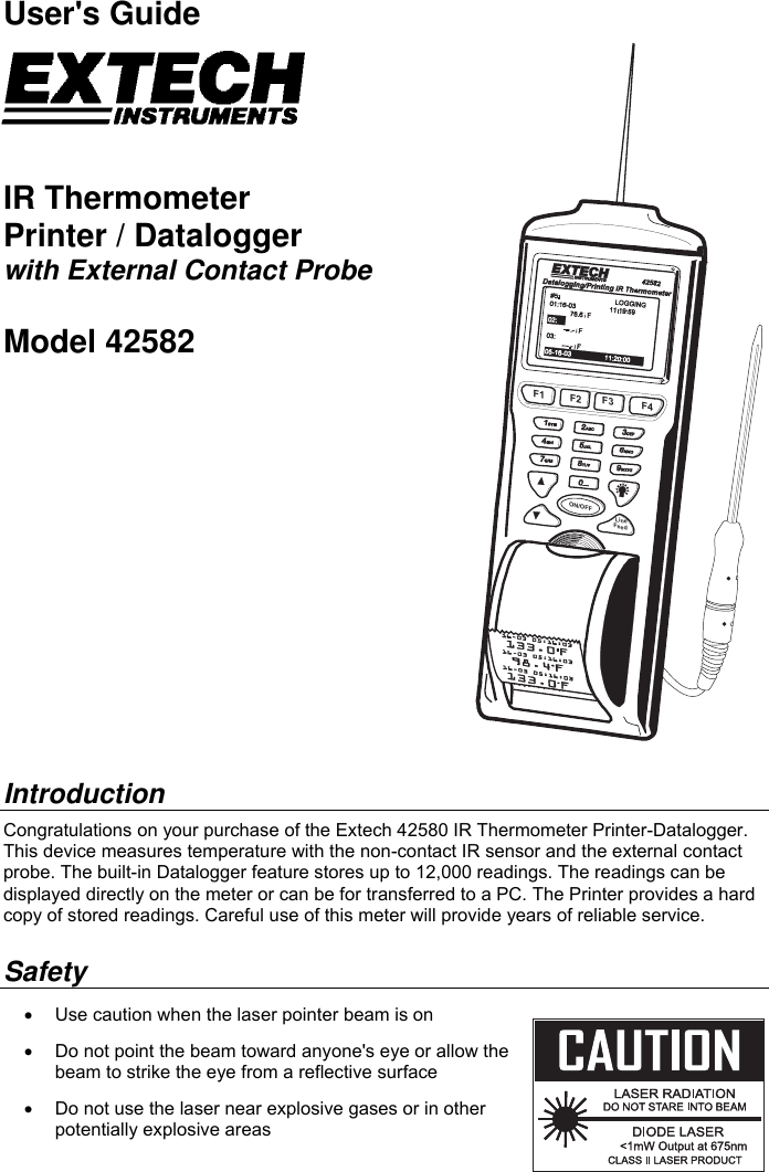 Extech 42582 Datalogging Printing IR Thermometer W/ External Probe for sale online 