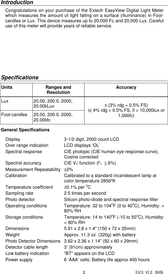 Page 2 of 7 - Extech-Instruments Extech-Instruments-Easy-View-Digital-Light-Meter-Ea31-Users-Manual EA31