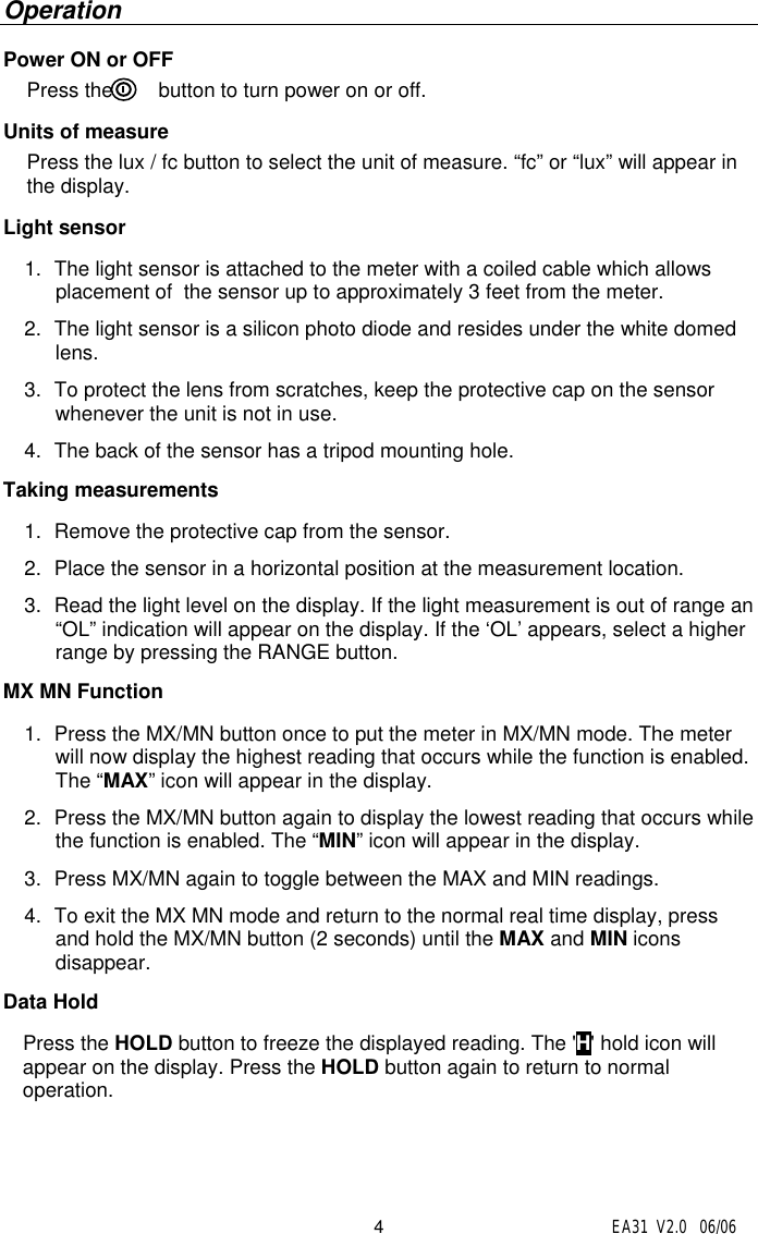 Page 4 of 7 - Extech-Instruments Extech-Instruments-Easy-View-Digital-Light-Meter-Ea31-Users-Manual EA31
