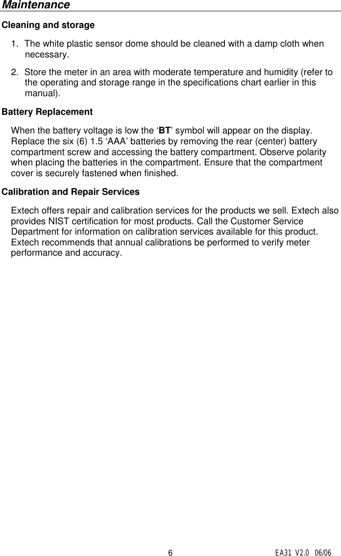 Page 6 of 7 - Extech-Instruments Extech-Instruments-Easy-View-Digital-Light-Meter-Ea31-Users-Manual EA31