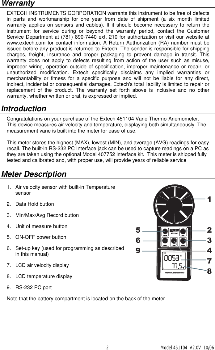 Page 2 of 7 - Extech-Instruments Extech-Instruments-Extech-Instruments-Digital-Vane-Thermo-Anemometer-451104-Users-Manual 451104 V2.0V