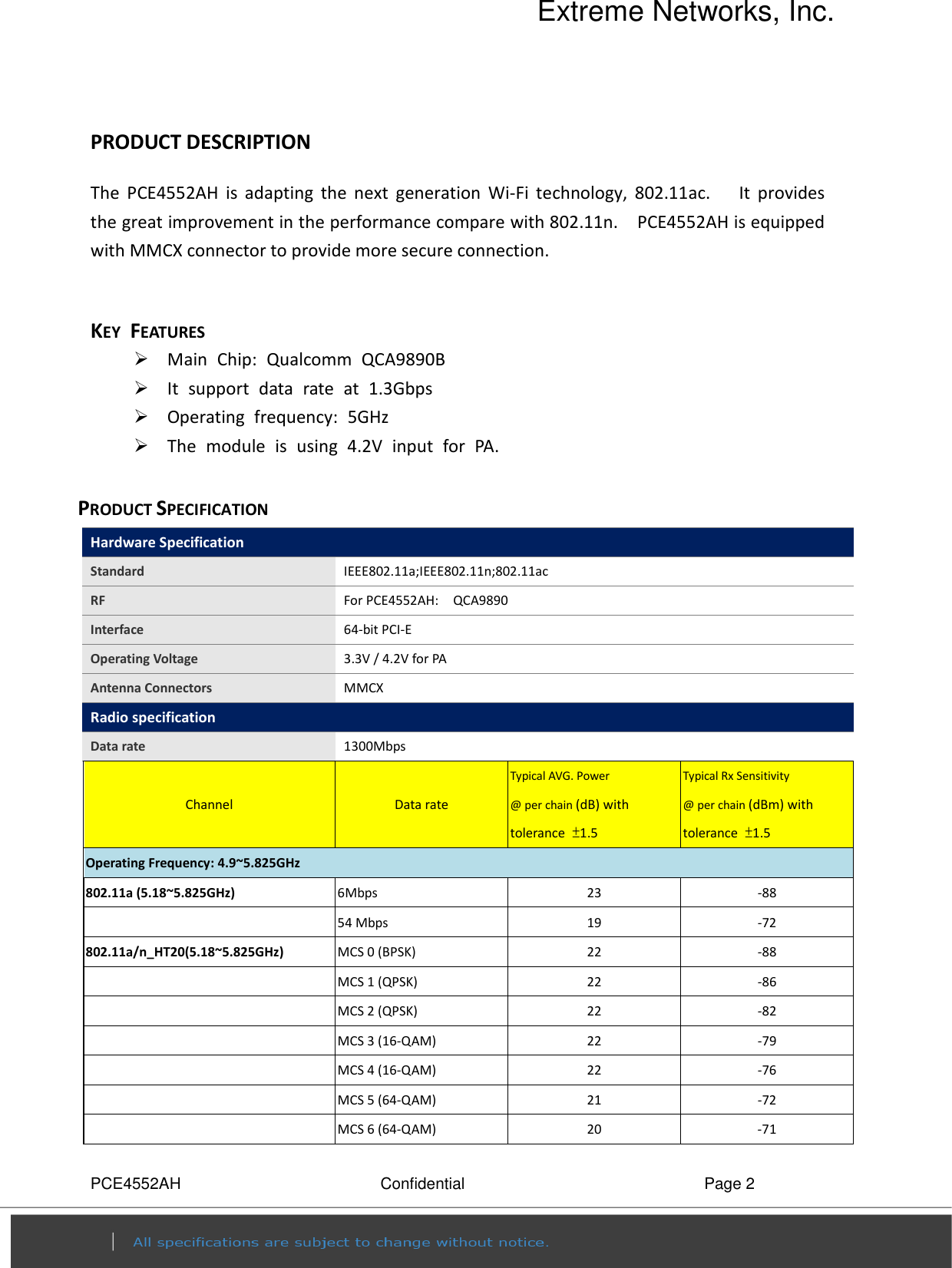 Extreme Networks, Inc. PCE4552AH  Confidential  Page 2  PRODUCT DESCRIPTION                       The  PCE4552AH  is  adapting  the  next  generation  Wi-Fi  technology,  802.11ac.      It  provides the great improvement in the performance compare with 802.11n.    PCE4552AH is equipped with MMCX connector to provide more secure connection.  KEY FEATURES    Main  Chip:  Qualcomm  QCA9890B    It  support  data  rate  at  1.3Gbps  Operating  frequency:  5GHz    The  module  is  using  4.2V  input  for  PA.  PRODUCT SPECIFICATION Hardware Specification  Standard  IEEE802.11a;IEEE802.11n;802.11ac RF    For PCE4552AH:    QCA9890 Interface  64-bit PCI-E   Operating Voltage  3.3V / 4.2V for PA Antenna Connectors  MMCX Radio specification  Data rate  1300Mbps Channel  Data rate Typical AVG. Power   @ per chain (dB) with tolerance  ±1.5 Typical Rx Sensitivity @ per chain (dBm) with tolerance  ±1.5 Operating Frequency: 4.9~5.825GHz     802.11a (5.18~5.825GHz)  6Mbps  23  -88  54 Mbps  19  -72 802.11a/n_HT20(5.18~5.825GHz)  MCS 0 (BPSK)  22  -88  MCS 1 (QPSK)  22  -86  MCS 2 (QPSK)  22  -82  MCS 3 (16-QAM)  22  -79  MCS 4 (16-QAM)  22  -76  MCS 5 (64-QAM)  21  -72  MCS 6 (64-QAM)  20  -71 