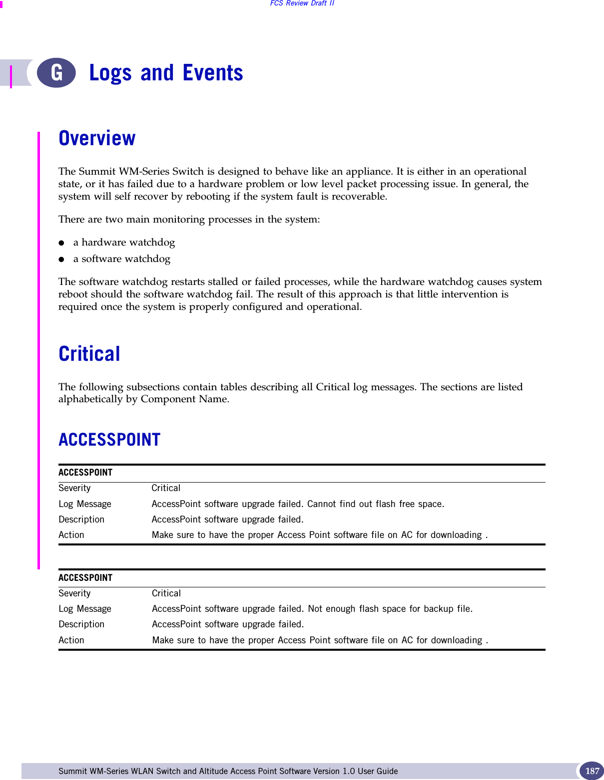 FCS Review Draft IISummit WM-Series WLAN Switch and Altitude Access Point Software Version 1.0 User Guide 187GLogs and EventsOverviewThe Summit WM-Series Switch is designed to behave like an appliance. It is either in an operational state, or it has failed due to a hardware problem or low level packet processing issue. In general, the system will self recover by rebooting if the system fault is recoverable.There are two main monitoring processes in the system:●a hardware watchdog●a software watchdogThe software watchdog restarts stalled or failed processes, while the hardware watchdog causes system reboot should the software watchdog fail. The result of this approach is that little intervention is required once the system is properly configured and operational.CriticalThe following subsections contain tables describing all Critical log messages. The sections are listed alphabetically by Component Name.ACCESSPOINTACCESSPOINTSeverity CriticalLog Message AccessPoint software upgrade failed. Cannot find out flash free space.Description AccessPoint software upgrade failed.Action Make sure to have the proper Access Point software file on AC for downloading .ACCESSPOINTSeverity CriticalLog Message AccessPoint software upgrade failed. Not enough flash space for backup file.Description AccessPoint software upgrade failed.Action Make sure to have the proper Access Point software file on AC for downloading .
