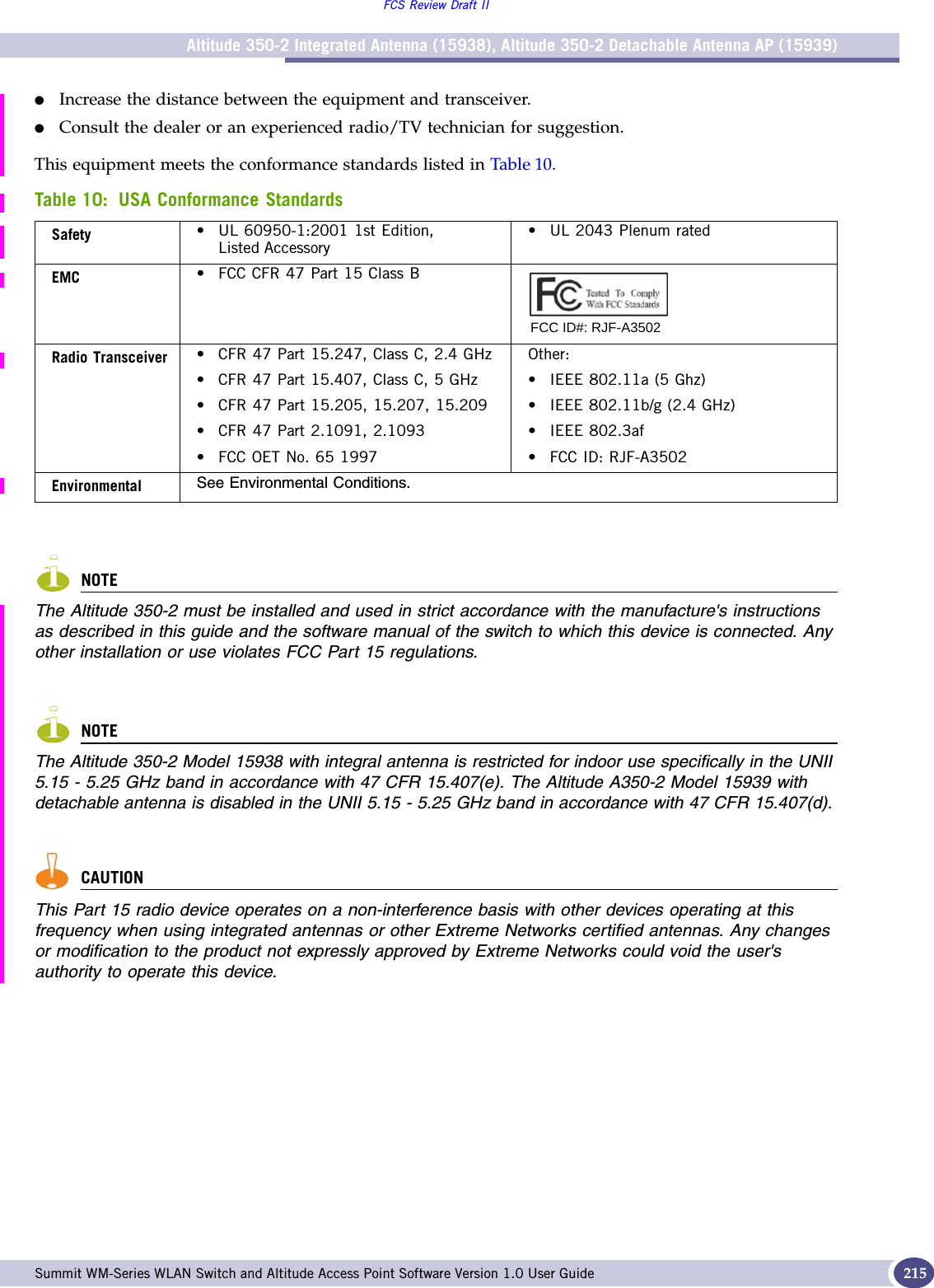 Altitude 350-2 Integrated Antenna (15938), Altitude 350-2 Detachable Antenna AP (15939)FCS Review Draft IISummit WM-Series WLAN Switch and Altitude Access Point Software Version 1.0 User Guide 215●Increase the distance between the equipment and transceiver.●Consult the dealer or an experienced radio/TV technician for suggestion.This equipment meets the conformance standards listed in Table 10.NOTEThe Altitude 350-2 must be installed and used in strict accordance with the manufacture&apos;s instructions as described in this guide and the software manual of the switch to which this device is connected. Any other installation or use violates FCC Part 15 regulations.NOTEThe Altitude 350-2 Model 15938 with integral antenna is restricted for indoor use specifically in the UNII 5.15 - 5.25 GHz band in accordance with 47 CFR 15.407(e). The Altitude A350-2 Model 15939 with detachable antenna is disabled in the UNII 5.15 - 5.25 GHz band in accordance with 47 CFR 15.407(d). CAUTIONThis Part 15 radio device operates on a non-interference basis with other devices operating at this frequency when using integrated antennas or other Extreme Networks certified antennas. Any changes or modification to the product not expressly approved by Extreme Networks could void the user&apos;s authority to operate this device. Table 10: USA Conformance StandardsSafety • UL 60950-1:2001 1st Edition, Listed Accessory• UL 2043 Plenum ratedEMC • FCC CFR 47 Part 15 Class BRadio Transceiver • CFR 47 Part 15.247, Class C, 2.4 GHz• CFR 47 Part 15.407, Class C, 5 GHz• CFR 47 Part 15.205, 15.207, 15.209• CFR 47 Part 2.1091, 2.1093 • FCC OET No. 65 1997Other:• IEEE 802.11a (5 Ghz)• IEEE 802.11b/g (2.4 GHz)• IEEE 802.3af• FCC ID: RJF-A3502Environmental See Environmental Conditions.FCC ID#: RJF-A3502