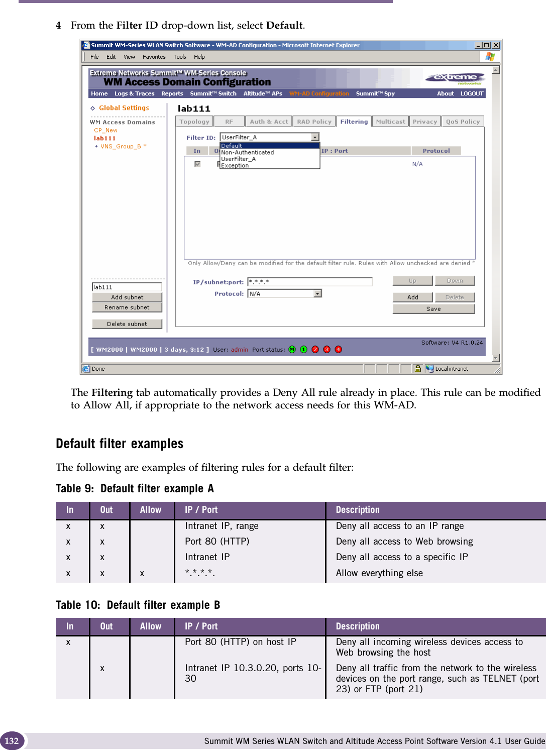 WM Access Domain Services configuration Summit WM Series WLAN Switch and Altitude Access Point Software Version 4.1 User Guide1324From the Filter ID drop-down list, select Default. The Filtering tab automatically provides a Deny All rule already in place. This rule can be modified to Allow All, if appropriate to the network access needs for this WM-AD.Default filter examplesThe following are examples of filtering rules for a default filter:Table 9: Default filter example AIn Out Allow IP / Port Descriptionx x Intranet IP, range Deny all access to an IP rangex x Port 80 (HTTP) Deny all access to Web browsingx x Intranet IP Deny all access to a specific IPx x x *.*.*.*. Allow everything elseTable 10: Default filter example BIn Out Allow IP / Port DescriptionxPort 80 (HTTP) on host IP Deny all incoming wireless devices access to Web browsing the hostxIntranet IP 10.3.0.20, ports 10-30Deny all traffic from the network to the wireless devices on the port range, such as TELNET (port 23) or FTP (port 21)