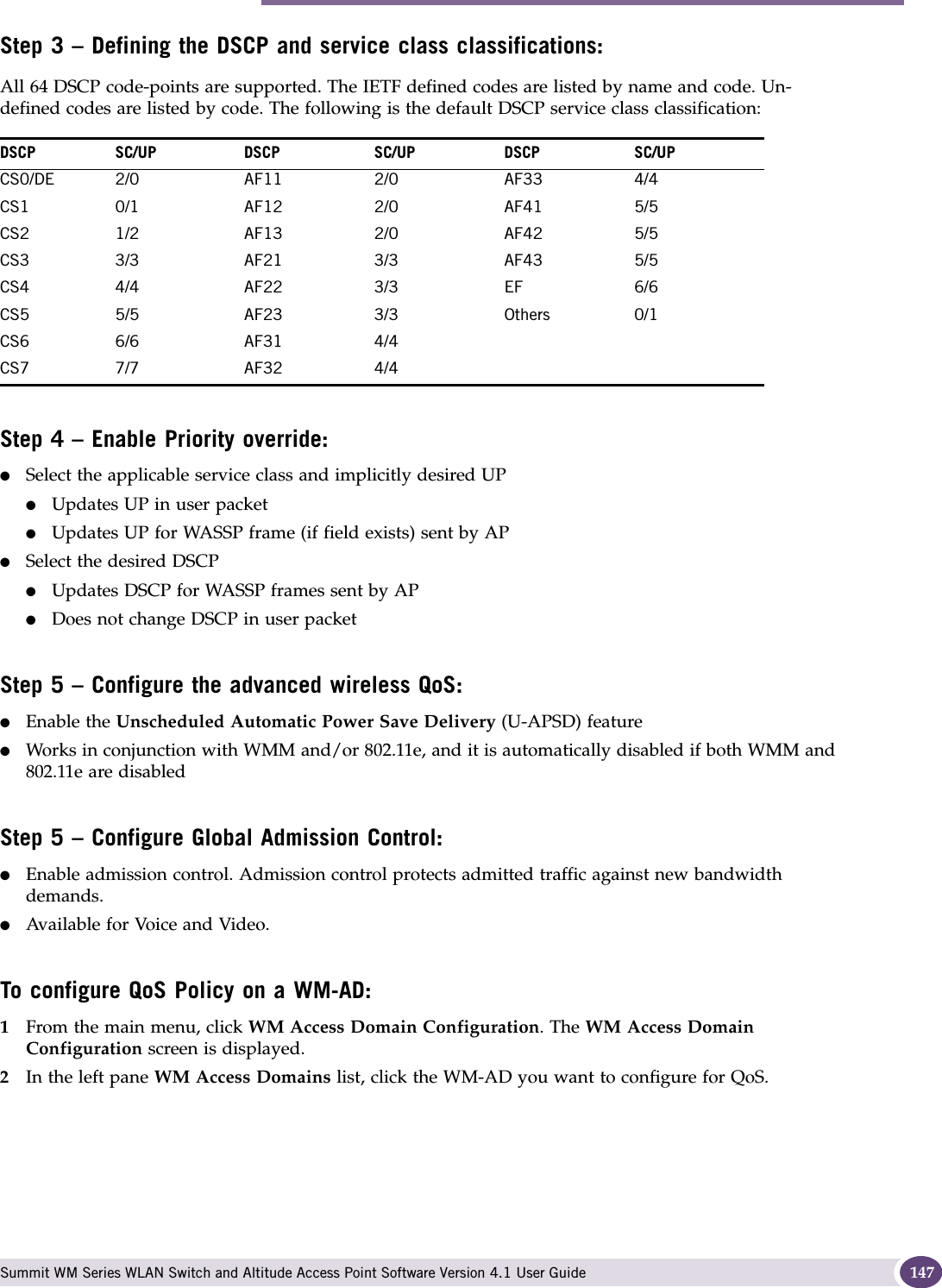 Configuring the QoS policy on a WM-AD Summit WM Series WLAN Switch and Altitude Access Point Software Version 4.1 User Guide 147Step 3 – Defining the DSCP and service class classifications:All 64 DSCP code-points are supported. The IETF defined codes are listed by name and code. Un-defined codes are listed by code. The following is the default DSCP service class classification:Step 4 – Enable Priority override:●Select the applicable service class and implicitly desired UP●Updates UP in user packet●Updates UP for WASSP frame (if field exists) sent by AP●Select the desired DSCP●Updates DSCP for WASSP frames sent by AP●Does not change DSCP in user packetStep 5 – Configure the advanced wireless QoS:●Enable the Unscheduled Automatic Power Save Delivery (U-APSD) feature ●Works in conjunction with WMM and/or 802.11e, and it is automatically disabled if both WMM and 802.11e are disabledStep 5 – Configure Global Admission Control:●Enable admission control. Admission control protects admitted traffic against new bandwidth demands.●Available for Voice and Video.To configure QoS Policy on a WM-AD:1From the main menu, click WM Access Domain Configuration. The WM Access Domain Configuration screen is displayed.2In the left pane WM Access Domains list, click the WM-AD you want to configure for QoS.DSCP SC/UP DSCP SC/UP DSCP SC/UPCS0/DE 2/0 AF11 2/0 AF33 4/4CS1 0/1 AF12 2/0 AF41 5/5CS2 1/2 AF13 2/0 AF42 5/5CS3 3/3 AF21 3/3 AF43 5/5CS4 4/4 AF22 3/3 EF 6/6CS5 5/5 AF23 3/3 Others 0/1CS6  6/6 AF31 4/4CS7 7/7 AF32 4/4