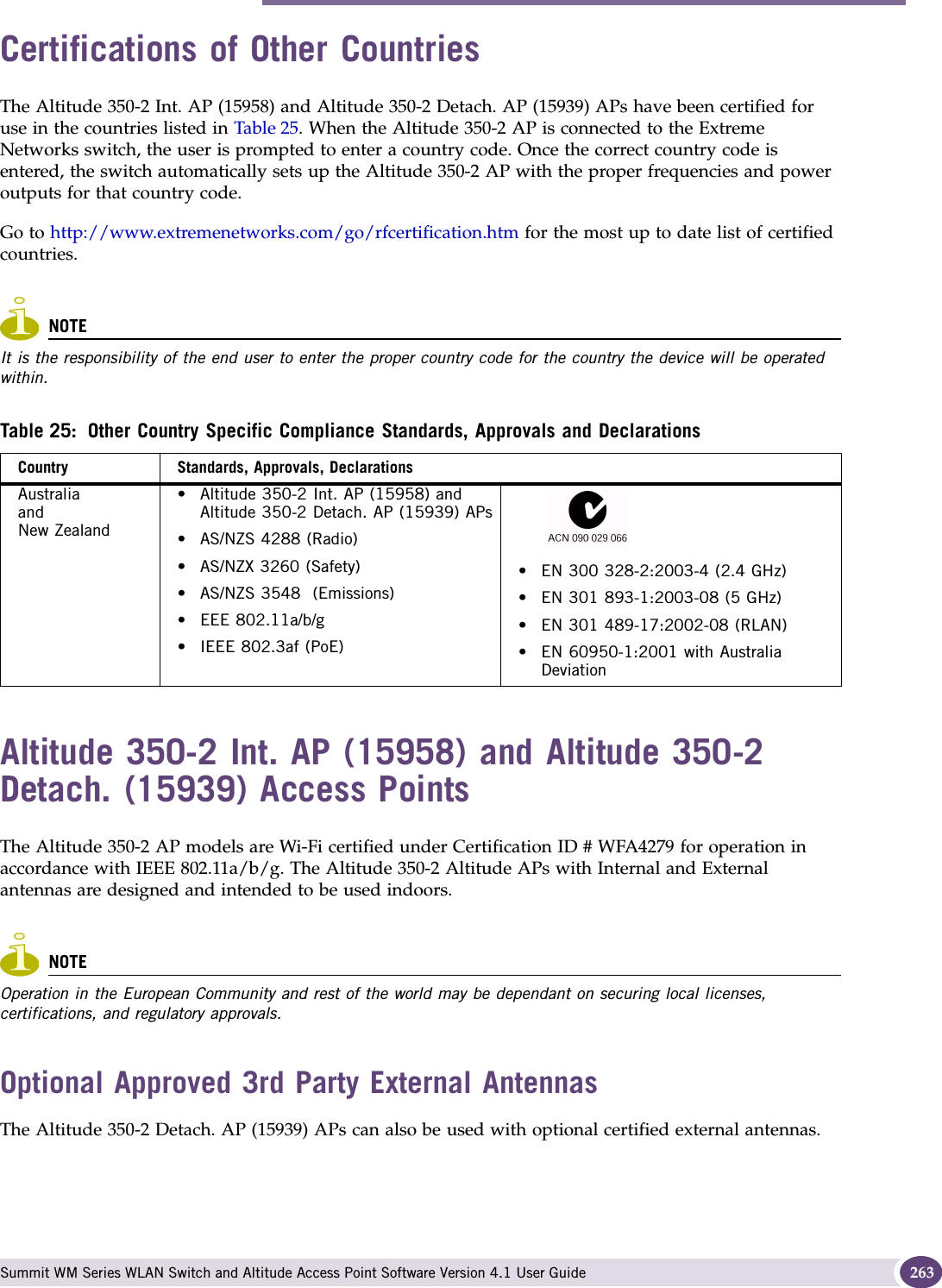 Certifications of Other Countries Summit WM Series WLAN Switch and Altitude Access Point Software Version 4.1 User Guide 263Certifications of Other CountriesThe Altitude 350-2 Int. AP (15958) and Altitude 350-2 Detach. AP (15939) APs have been certified for use in the countries listed in Table 25. When the Altitude 350-2 AP is connected to the Extreme Networks switch, the user is prompted to enter a country code. Once the correct country code is entered, the switch automatically sets up the Altitude 350-2 AP with the proper frequencies and power outputs for that country code. Go to http://www.extremenetworks.com/go/rfcertification.htm for the most up to date list of certified countries.NOTEIt is the responsibility of the end user to enter the proper country code for the country the device will be operated within.Altitude 350-2 Int. AP (15958) and Altitude 350-2 Detach. (15939) Access PointsThe Altitude 350-2 AP models are Wi-Fi certified under Certification ID # WFA4279 for operation in accordance with IEEE 802.11a/b/g. The Altitude 350-2 Altitude APs with Internal and External antennas are designed and intended to be used indoors.NOTEOperation in the European Community and rest of the world may be dependant on securing local licenses, certifications, and regulatory approvals.Optional Approved 3rd Party External AntennasThe Altitude 350-2 Detach. AP (15939) APs can also be used with optional certified external antennas. Table 25: Other Country Specific Compliance Standards, Approvals and DeclarationsCountry Standards, Approvals, DeclarationsAustraliaandNew Zealand• Altitude 350-2 Int. AP (15958) and Altitude 350-2 Detach. AP (15939) APs• AS/NZS 4288 (Radio)• AS/NZX 3260 (Safety)• AS/NZS 3548  (Emissions)• EEE 802.11a/b/g• IEEE 802.3af (PoE)• EN 300 328-2:2003-4 (2.4 GHz)• EN 301 893-1:2003-08 (5 GHz)• EN 301 489-17:2002-08 (RLAN)• EN 60950-1:2001 with Australia Deviation