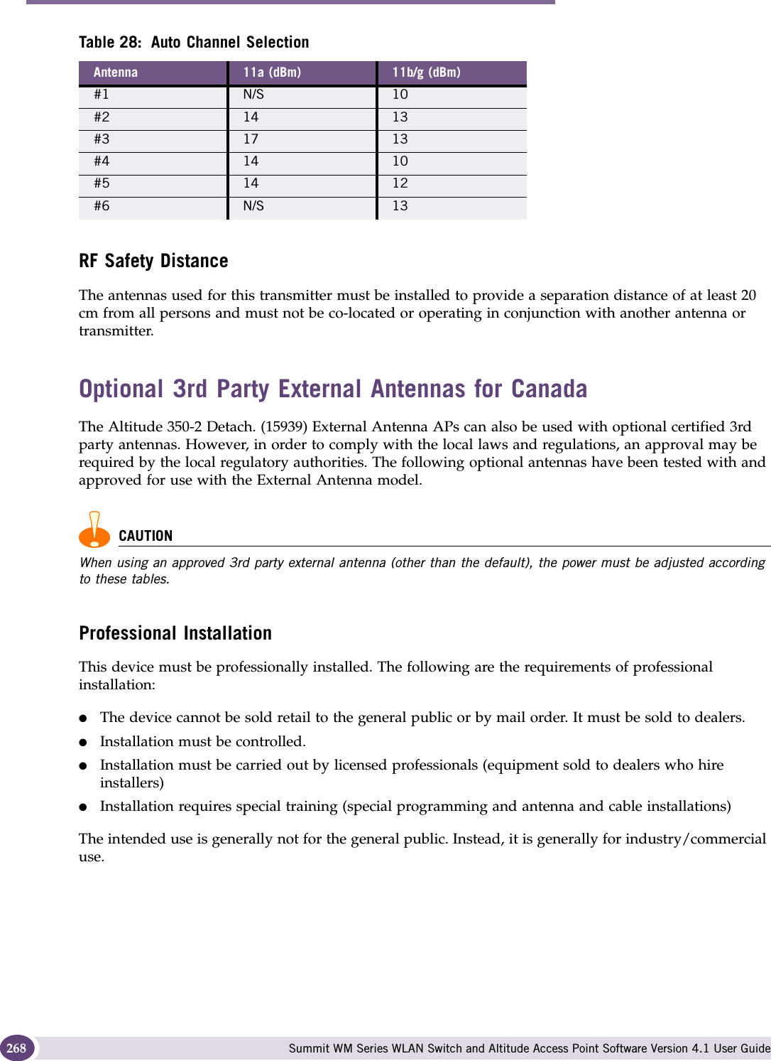 Regulatory Information Summit WM Series WLAN Switch and Altitude Access Point Software Version 4.1 User Guide268RF Safety DistanceThe antennas used for this transmitter must be installed to provide a separation distance of at least 20 cm from all persons and must not be co-located or operating in conjunction with another antenna or transmitter.Optional 3rd Party External Antennas for CanadaThe Altitude 350-2 Detach. (15939) External Antenna APs can also be used with optional certified 3rd party antennas. However, in order to comply with the local laws and regulations, an approval may be required by the local regulatory authorities. The following optional antennas have been tested with and approved for use with the External Antenna model.CAUTIONWhen using an approved 3rd party external antenna (other than the default), the power must be adjusted according to these tables.Professional InstallationThis device must be professionally installed. The following are the requirements of professional installation:●The device cannot be sold retail to the general public or by mail order. It must be sold to dealers.●Installation must be controlled.●Installation must be carried out by licensed professionals (equipment sold to dealers who hire installers)●Installation requires special training (special programming and antenna and cable installations)The intended use is generally not for the general public. Instead, it is generally for industry/commercial use.Table 28: Auto Channel SelectionAntenna 11a (dBm) 11b/g (dBm)#1 N/S 10#2 14 13#3 17 13#4 14 10#5 14 12#6 N/S 13