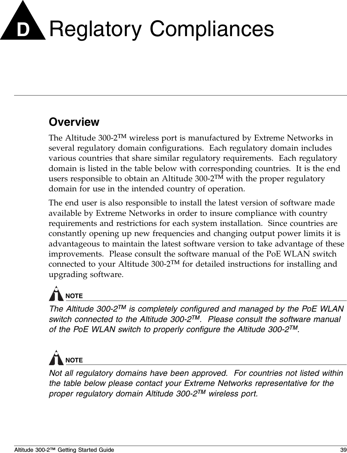 Altitude 300-2™ Getting Started Guide 39DReglatory CompliancesOverview The Altitude 300-2TM wireless port is manufactured by Extreme Networks in several regulatory domain configurations.  Each regulatory domain includes various countries that share similar regulatory requirements.  Each regulatory domain is listed in the table below with corresponding countries.  It is the end users responsible to obtain an Altitude 300-2TM with the proper regulatory domain for use in the intended country of operation.The end user is also responsible to install the latest version of software made available by Extreme Networks in order to insure compliance with country requirements and restrictions for each system installation.  Since countries are constantly opening up new frequencies and changing output power limits it is advantageous to maintain the latest software version to take advantage of these improvements.  Please consult the software manual of the PoE WLAN switch connected to your Altitude 300-2TM for detailed instructions for installing and upgrading software.NOTEThe Altitude 300-2TM is completely configured and managed by the PoE WLAN switch connected to the Altitude 300-2TM.  Please consult the software manual of the PoE WLAN switch to properly configure the Altitude 300-2TM.NOTENot all regulatory domains have been approved.  For countries not listed within the table below please contact your Extreme Networks representative for the proper regulatory domain Altitude 300-2TM wireless port.