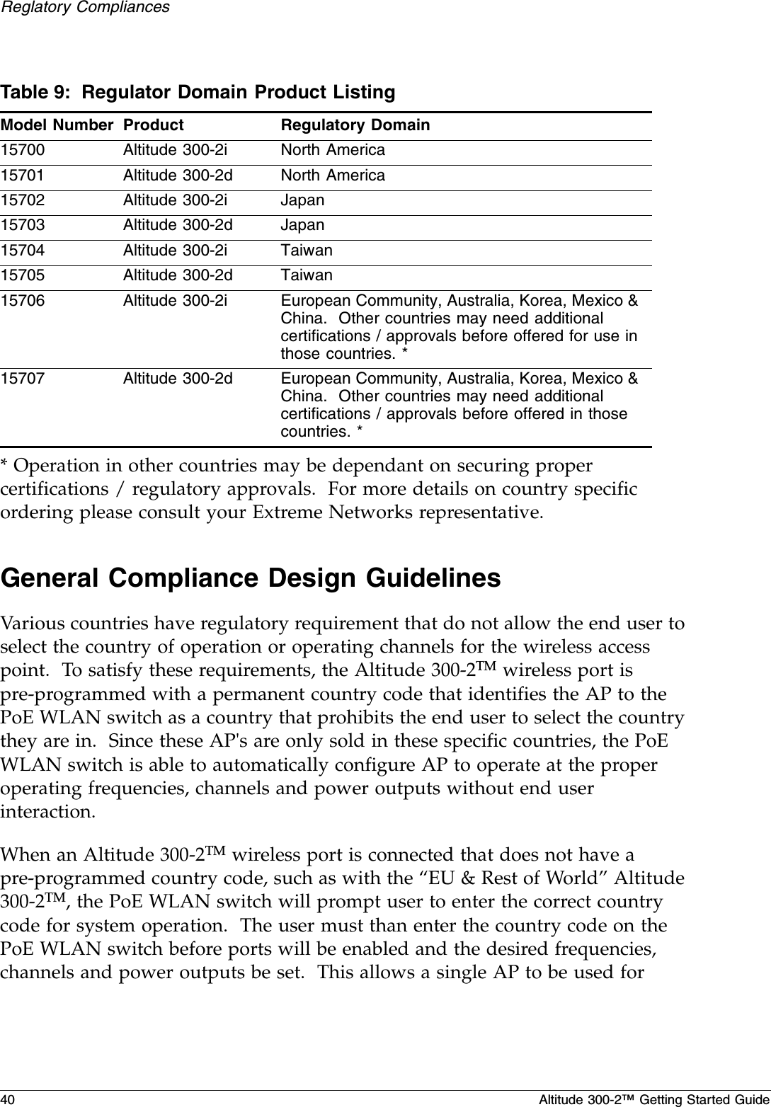 40 Altitude 300-2™ Getting Started GuideReglatory Compliances* Operation in other countries may be dependant on securing proper certifications / regulatory approvals.  For more details on country specific ordering please consult your Extreme Networks representative.General Compliance Design Guidelines Various countries have regulatory requirement that do not allow the end user to select the country of operation or operating channels for the wireless access point.  To satisfy these requirements, the Altitude 300-2TM wireless port is pre-programmed with a permanent country code that identifies the AP to the PoE WLAN switch as a country that prohibits the end user to select the country they are in.  Since these AP&apos;s are only sold in these specific countries, the PoE WLAN switch is able to automatically configure AP to operate at the proper operating frequencies, channels and power outputs without end user interaction.When an Altitude 300-2TM wireless port is connected that does not have a pre-programmed country code, such as with the “EU &amp; Rest of World” Altitude 300-2TM, the PoE WLAN switch will prompt user to enter the correct country code for system operation.  The user must than enter the country code on the PoE WLAN switch before ports will be enabled and the desired frequencies, channels and power outputs be set.  This allows a single AP to be used for Table 9: Regulator Domain Product ListingModel Number Product Regulatory Domain15700 Altitude 300-2i  North America15701 Altitude 300-2d  North America15702 Altitude 300-2i  Japan15703 Altitude 300-2d  Japan15704 Altitude 300-2i  Taiwan15705 Altitude 300-2d  Taiwan15706 Altitude 300-2i  European Community, Australia, Korea, Mexico &amp; China.  Other countries may need additional certifications / approvals before offered for use in those countries. *15707 Altitude 300-2d  European Community, Australia, Korea, Mexico &amp; China.  Other countries may need additional certifications / approvals before offered in those countries. *