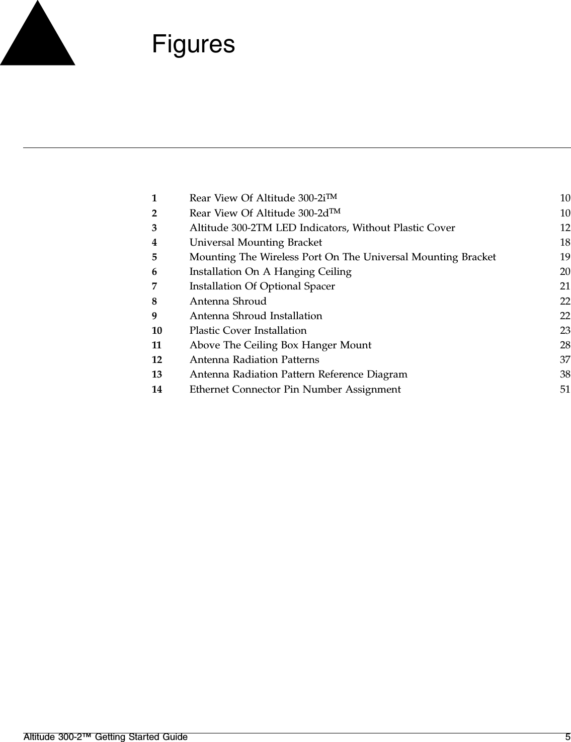 Altitude 300-2™ Getting Started Guide 5Figures1Rear View Of Altitude 300-2iTM 102Rear View Of Altitude 300-2dTM 103Altitude 300-2TM LED Indicators, Without Plastic Cover 124Universal Mounting Bracket 185Mounting The Wireless Port On The Universal Mounting Bracket 196Installation On A Hanging Ceiling 207Installation Of Optional Spacer 218Antenna Shroud 229Antenna Shroud Installation 2210 Plastic Cover Installation 2311 Above The Ceiling Box Hanger Mount 2812 Antenna Radiation Patterns 3713 Antenna Radiation Pattern Reference Diagram 3814 Ethernet Connector Pin Number Assignment 51