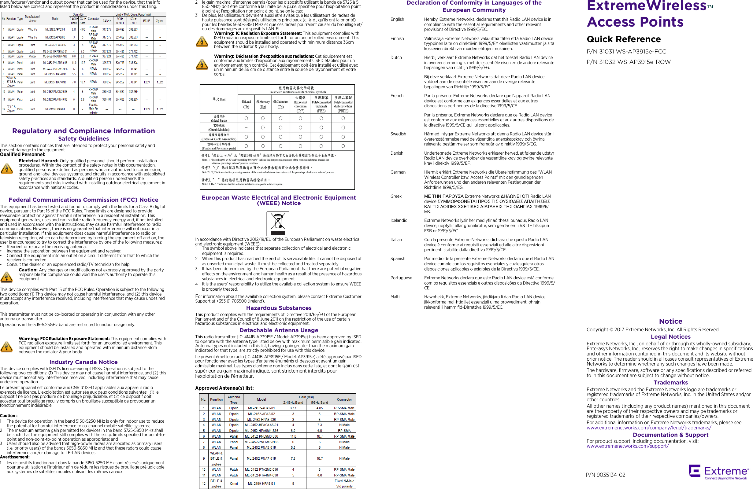 ExtremeWirelessTM Access PointsQuick ReferenceP/N 31031 WS-AP3915e-FCCP/N 31032 WS-AP3915e-ROWNotice Copyright © 2017 Extreme Networks, Inc. All Rights Reserved.Legal NoticesExtreme Networks, Inc., on behalf of or through its wholly-owned subsidiary, Enterasys Networks, Inc., reserves the right to make changes in specifications and other information contained in this document and its website without prior notice. The reader should in all cases consult representatives of Extreme Networks to determine whether any such changes have been made.The hardware, firmware, software or any specifications described or referred to in this document are subject to change without notice.TrademarksExtreme Networks and the Extreme Networks logo are trademarks or registered trademarks of Extreme Networks, Inc. in the United States and/or other countries. All other names (including any product names) mentioned in this document are the property of their respective owners and may be trademarks or registered trademarks of their respective companies/owners.For additional information on Extreme Networks trademarks, please see: www.extremenetworks.com/company/legal/trademarks/Documentation &amp; SupportFor product support, including documentation, visit: www.extremenetworks.com/support/manufacturer/vendor and output power that can be used for the device, that the info listed below are correct and represent the product in consideration under this filing.Regulatory and Compliance InformationSafety GuidelinesThis section contains notices that are intended to protect your personal safety and prevent damage to the equipment.Qualified Personnel:Federal Communications Commission (FCC) Notice This equipment has been tested and found to comply with the limits for a Class B digital device, pursuant to Part 15 of the FCC Rules. These limits are designed to provide reasonable protection against harmful interference in a residential installation. This equipment generates, uses and can radiate radio frequency energy and, if not installed and used in accordance with the instructions, may cause harmful interference to radio communications. However, there is no guarantee that interference will not occur in a particular installation. If this equipment does cause harmful interference to radio or television reception, which can be determined by turning the equipment off and on, the user is encouraged to try to correct the interference by one of the following measures:• Reorient or relocate the receiving antenna.• Increase the separation between the equipment and receiver.• Connect the equipment into an outlet on a circuit different from that to which the receiver is connected.• Consult the dealer or an experienced radio/TV technician for help.This device complies with Part 15 of the FCC Rules. Operation is subject to the following two conditions: (1) This device may not cause harmful interference, and (2) this device must accept any interference received, including interference that may cause undesired operation.This transmitter must not be co-located or operating in conjunction with any other antenna or transmitter.Operations in the 5.15-5.25GHz band are restricted to indoor usage only.Industry Canada Notice This device complies with ISED’s licence-exempt RSSs. Operation is subject to the following two conditions: (1) This device may not cause harmful interference, and (2) this device must accept any interference received, including interference that may cause undesired operation.Le présent appareil est conforme aux CNR d’ ISED applicables aux appareils radio exempts de licence. L’exploitation est autorisée aux deux conditions suivantes : (1) le dispositif ne doit pas produire de brouillage préjudiciable, et (2) ce dispositif doit accepter tout brouillage reçu, y compris un brouillage susceptible de provoquer un fonctionnement indésirable. Caution :1 The device for operation in the band 5150-5250 MHz is only for indoor use to reduce the potential for harmful interference to co-channel mobile satellite systems;2 The maximum antenna gain permitted for devices in the band 5725-5850 MHz shall be such that the equipment still complies with the e.i.r.p. limits specified for point-to-point and non-point-to-point operation as appropriate; and 3 Users should also be advised that high-power radars are allocated as primary users (i.e. priority users) of the bands 5650-5850 MHz and that these radars could cause interference and/or damage to LE-LAN devices.Avertissement:1 les dispositifs fonctionnant dans la bande 5150-5250 MHz sont réservés uniquement pour une utilisation à l’intérieur afin de réduire les risques de brouillage préjudiciable aux systèmes de satellites mobiles utilisant les mêmes canaux;Electrical Hazard: Only qualified personnel should perform installation procedures. Within the context of the safety notes in this documentation, qualified persons are defined as persons who are authorized to commission, ground and label devices, systems, and circuits in accordance with established safety practices and standards. A qualified person understands the requirements and risks involved with installing outdoor electrical equipment in accordance with national codes.Caution: Any changes or modifications not expressly approved by the party responsible for compliance could void the user&apos;s authority to operate this equipment.Warning: FCC Radiation Exposure Statement: This equipment complies with FCC radiation exposure limits set forth for an uncontrolled environment. This equipment should be installed and operated with minimum distance 31cm between the radiator &amp; your body.2 le gain maximal d&apos;antenne permis (pour les dispositifs utilisant la bande de 5725 à 5 850 MHz) doit être conforme à la limite de la p.i.r.e. spécifiée pour l&apos;exploitation point à point et l’exploitation non point à point, selon le cas; 3 De plus, les utilisateurs devraient aussi être avisés que les utilisateurs de radars de haute puissance sont désignés utilisateurs principaux (c.-à-d., qu’ils ont la priorité) pour les bandes 5650-5850 MHz et que ces radars pourraient causer du brouillage et/ou des dommages aux dispositifs LAN-EL.European Waste Electrical and Electronic Equipment (WEEE) NoticeIn accordance with Directive 2012/19/EU of the European Parliament on waste electrical and electronic equipment (WEEE):1 The symbol above indicates that separate collection of electrical and electronic equipment is required.2 When this product has reached the end of its serviceable life, it cannot be disposed of as unsorted municipal waste. It must be collected and treated separately.3 It has been determined by the European Parliament that there are potential negative effects on the environment and human health as a result of the presence of hazardous substances in electrical and electronic equipment.4 It is the users’ responsibility to utilize the available collection system to ensure WEEE is properly treated.For information about the available collection system, please contact Extreme Customer Support at +353 61 705500 (Ireland).Hazardous SubstancesThis product complies with the requirements of Directive 2011/65/EU of the European Parliament and of the Council of 8 June 2011 on the restriction of the use of certain hazardous substances in electrical and electronic equipment.Detachable Antenna UsageThis radio transmitter (IC: 4141B-AP3915E / Model: AP3915e) has been approved by ISED to operate with the antenna type listed below with maximum permissible gain indicated. Antenna types not included in this list, having a gain greater than the maximum gain indicated for that type, are strictly prohibited for use with this device.Le présent émetteur radio (IC: 4141B-AP3915E / Model: AP3915e) a été approuvé par ISED pour fonctionner avec les types d&apos;antenne énumérés ci-dessous et ayant un gain admissible maximal. Les types d&apos;antenne non inclus dans cette liste, et dont le gain est supérieur au gain maximal indiqué, sont strictement interdits pour l&apos;exploitation de l&apos;émetteur. Approved Antenna(s) list:Warning: IC Radiation Exposure Statement: This equipment complies with ISED radiation exposure limits set forth for an uncontrolled environment. This equipment should be installed and operated with minimum distance 36cm between the radiator &amp; your body.Warning: Déclaration d&apos;exposition aux radiations: Cet équipement est conforme aux limites d&apos;exposition aux rayonnements ISED établies pour un environnement non contrôlé. Cet équipement doit être installé et utilisé avec un minimum de 36 cm de distance entre la source de rayonnement et votre corps.Declaration of Conformity in Languages of the European CommunityEnglish Hereby, Extreme Networks, declares that this Radio LAN device is in compliance with the essential requirements and other relevant provisions of Directive 1999/5/EC.Finnish Valmistaja Extreme Networks vakuuttaa täten että Radio LAN device tyyppinen laite on direktiivin 1999/5/EY oleellisten vaatimusten ja sitä koskevien direktiivin muiden ehtojen mukainen.Dutch Hierbij verklaart Extreme Networks dat het toestel Radio LAN device in overeenstemming is met de essentiële eisen en de andere relevante bepalingen van richtlijn 1999/5/EG. Bij deze verklaart Extreme Networks dat deze Radio LAN device voldoet aan de essentiële eisen en aan de overige relevante bepalingen van Richtlijn 1999/5/EC.French Par la présente Extreme Networks déclare que l&apos;appareil Radio LAN device est conforme aux exigences essentielles et aux autres dispositions pertinentes de la directive 1999/5/CE. Par la présente, Extreme Networks déclare que ce Radio LAN device est conforme aux exigences essentielles et aux autres dispositions de la directive 1999/5/CE qui lui sont applicables.Swedish Härmed intygar Extreme Networks att denna Radio LAN device står I överensstämmelse med de väsentliga egenskapskrav och övriga relevanta bestämmelser som framgår av direktiv 1999/5/EG. Danish Undertegnede Extreme Networks erklærer herved, at følgende udstyr Radio LAN device overholder de væsentlige krav og øvrige relevante krav i direktiv 1999/5/EF.German Hiermit erklärt Extreme Networks die Übereinstimmung des &quot;WLAN Wireless Controller bzw. Access Points&quot; mit den grundlegenden Anforderungen und den anderen relevanten Festlegungen der Richtlinie 1999/5/EG.Greek ΜΕ ΤΗΝ ΠΑΡΟΥΣΑ Extreme Networks ∆ΗΛΩΝΕΙ ΟΤΙ Radio LAN device ΣΥΜΜΟΡΦΩΝΕΤΑΙ ΠΡΟΣ ΤΙΣ ΟΥΣΙΩ∆ΕΙΣ ΑΠΑΙΤΗΣΕΙΣ ΚΑΙ ΤΙΣ ΛΟΙΠΕΣ ΣΧΕΤΙΚΕΣ ∆ΙΑΤΑΞΕΙΣ ΤΗΣ Ο∆ΗΓΙΑΣ 1999/5/ΕΚ.Icelandic Extreme Networks lysir her med yfir að thessi bunadur, Radio LAN device, uppfyllir allar grunnkrofur, sem gerdar eru i R&amp;TTE tilskipun ESB nr 1999/5/EC.Italian Con la presente Extreme Networks dichiara che questo Radio LAN device è conforme ai requisiti essenziali ed alle altre disposizioni pertinenti stabilite dalla direttiva 1999/5/CE.Spanish Por medio de la presente Extreme Networks declara que el Radio LAN device cumple con los requisitos esenciales y cualesquiera otras disposiciones aplicables o exigibles de la Directiva 1999/5/CE.Portuguese Extreme Networks declara que este Radio LAN device está conforme com os requisitos essenciais e outras disposições da Directiva 1999/5/CE. Malti Hawnhekk, Extreme Networks, jiddikjara li dan Radio LAN device jikkonforma mal-htigijiet essenzjali u ma provvedimenti ohrajn relevanti li hemm fid-Dirrettiva 1999/5/EC.P/N 9035134-02