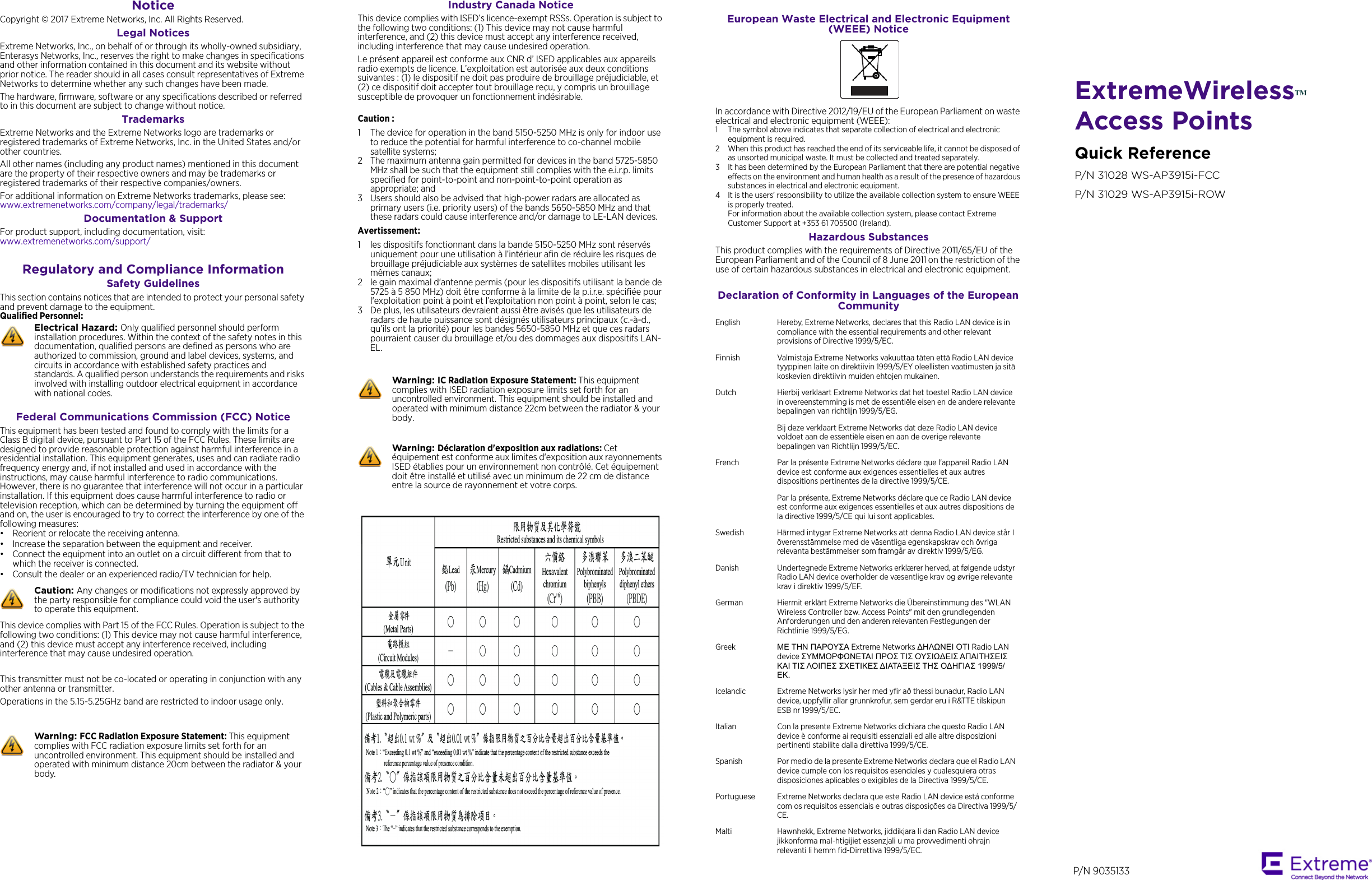 ExtremeWirelessTM Access PointsQuick ReferenceP/N 31028 WS-AP3915i-FCCP/N 31029 WS-AP3915i-ROWNotice Copyright © 2017 Extreme Networks, Inc. All Rights Reserved.Legal NoticesExtreme Networks, Inc., on behalf of or through its wholly-owned subsidiary, Enterasys Networks, Inc., reserves the right to make changes in specifications and other information contained in this document and its website without prior notice. The reader should in all cases consult representatives of Extreme Networks to determine whether any such changes have been made.The hardware, firmware, software or any specifications described or referred to in this document are subject to change without notice.TrademarksExtreme Networks and the Extreme Networks logo are trademarks or registered trademarks of Extreme Networks, Inc. in the United States and/or other countries. All other names (including any product names) mentioned in this document are the property of their respective owners and may be trademarks or registered trademarks of their respective companies/owners.For additional information on Extreme Networks trademarks, please see: www.extremenetworks.com/company/legal/trademarks/Documentation &amp; SupportFor product support, including documentation, visit: www.extremenetworks.com/support/ Regulatory and Compliance InformationSafety GuidelinesThis section contains notices that are intended to protect your personal safety and prevent damage to the equipment.Qualified Personnel:Federal Communications Commission (FCC) Notice This equipment has been tested and found to comply with the limits for a Class B digital device, pursuant to Part 15 of the FCC Rules. These limits are designed to provide reasonable protection against harmful interference in a residential installation. This equipment generates, uses and can radiate radio frequency energy and, if not installed and used in accordance with the instructions, may cause harmful interference to radio communications. However, there is no guarantee that interference will not occur in a particular installation. If this equipment does cause harmful interference to radio or television reception, which can be determined by turning the equipment off and on, the user is encouraged to try to correct the interference by one of the following measures:• Reorient or relocate the receiving antenna.• Increase the separation between the equipment and receiver.• Connect the equipment into an outlet on a circuit different from that to which the receiver is connected.• Consult the dealer or an experienced radio/TV technician for help.This device complies with Part 15 of the FCC Rules. Operation is subject to the following two conditions: (1) This device may not cause harmful interference, and (2) this device must accept any interference received, including interference that may cause undesired operation.This transmitter must not be co-located or operating in conjunction with any other antenna or transmitter.Operations in the 5.15-5.25GHz band are restricted to indoor usage only.Electrical Hazard: Only qualified personnel should perform installation procedures. Within the context of the safety notes in this documentation, qualified persons are defined as persons who are authorized to commission, ground and label devices, systems, and circuits in accordance with established safety practices and standards. A qualified person understands the requirements and risks involved with installing outdoor electrical equipment in accordance with national codes.Caution: Any changes or modifications not expressly approved by the party responsible for compliance could void the user&apos;s authority to operate this equipment.Warning: FCC Radiation Exposure Statement: This equipment complies with FCC radiation exposure limits set forth for an uncontrolled environment. This equipment should be installed and operated with minimum distance 20cm between the radiator &amp; your body.Industry Canada Notice This device complies with ISED’s licence-exempt RSSs. Operation is subject to the following two conditions: (1) This device may not cause harmful interference, and (2) this device must accept any interference received, including interference that may cause undesired operation.Le présent appareil est conforme aux CNR d’ ISED applicables aux appareils radio exempts de licence. L’exploitation est autorisée aux deux conditions suivantes : (1) le dispositif ne doit pas produire de brouillage préjudiciable, et (2) ce dispositif doit accepter tout brouillage reçu, y compris un brouillage susceptible de provoquer un fonctionnement indésirable. Caution :1 The device for operation in the band 5150-5250 MHz is only for indoor use to reduce the potential for harmful interference to co-channel mobile satellite systems;2 The maximum antenna gain permitted for devices in the band 5725-5850 MHz shall be such that the equipment still complies with the e.i.r.p. limits specified for point-to-point and non-point-to-point operation as appropriate; and 3 Users should also be advised that high-power radars are allocated as primary users (i.e. priority users) of the bands 5650-5850 MHz and that these radars could cause interference and/or damage to LE-LAN devices.Avertissement:1 les dispositifs fonctionnant dans la bande 5150-5250 MHz sont réservés uniquement pour une utilisation à l’intérieur afin de réduire les risques de brouillage préjudiciable aux systèmes de satellites mobiles utilisant les mêmes canaux;2 le gain maximal d&apos;antenne permis (pour les dispositifs utilisant la bande de 5725 à 5 850 MHz) doit être conforme à la limite de la p.i.r.e. spécifiée pour l&apos;exploitation point à point et l’exploitation non point à point, selon le cas; 3 De plus, les utilisateurs devraient aussi être avisés que les utilisateurs de radars de haute puissance sont désignés utilisateurs principaux (c.-à-d., qu’ils ont la priorité) pour les bandes 5650-5850 MHz et que ces radars pourraient causer du brouillage et/ou des dommages aux dispositifs LAN-EL.Warning: IC Radiation Exposure Statement: This equipment complies with ISED radiation exposure limits set forth for an uncontrolled environment. This equipment should be installed and operated with minimum distance 22cm between the radiator &amp; your body.Warning: Déclaration d&apos;exposition aux radiations: Cet équipement est conforme aux limites d&apos;exposition aux rayonnements ISED établies pour un environnement non contrôlé. Cet équipement doit être installé et utilisé avec un minimum de 22 cm de distance entre la source de rayonnement et votre corps.European Waste Electrical and Electronic Equipment (WEEE) NoticeIn accordance with Directive 2012/19/EU of the European Parliament on waste electrical and electronic equipment (WEEE):1 The symbol above indicates that separate collection of electrical and electronic equipment is required.2 When this product has reached the end of its serviceable life, it cannot be disposed of as unsorted municipal waste. It must be collected and treated separately.3 It has been determined by the European Parliament that there are potential negative effects on the environment and human health as a result of the presence of hazardous substances in electrical and electronic equipment.4 It is the users’ responsibility to utilize the available collection system to ensure WEEE is properly treated.For information about the available collection system, please contact Extreme Customer Support at +353 61 705500 (Ireland).Hazardous SubstancesThis product complies with the requirements of Directive 2011/65/EU of the European Parliament and of the Council of 8 June 2011 on the restriction of the use of certain hazardous substances in electrical and electronic equipment.Declaration of Conformity in Languages of the European CommunityEnglish Hereby, Extreme Networks, declares that this Radio LAN device is in compliance with the essential requirements and other relevant provisions of Directive 1999/5/EC.Finnish Valmistaja Extreme Networks vakuuttaa täten että Radio LAN device tyyppinen laite on direktiivin 1999/5/EY oleellisten vaatimusten ja sitä koskevien direktiivin muiden ehtojen mukainen.Dutch Hierbij verklaart Extreme Networks dat het toestel Radio LAN device in overeenstemming is met de essentiële eisen en de andere relevante bepalingen van richtlijn 1999/5/EG. Bij deze verklaart Extreme Networks dat deze Radio LAN device voldoet aan de essentiële eisen en aan de overige relevante bepalingen van Richtlijn 1999/5/EC.French Par la présente Extreme Networks déclare que l&apos;appareil Radio LAN device est conforme aux exigences essentielles et aux autres dispositions pertinentes de la directive 1999/5/CE. Par la présente, Extreme Networks déclare que ce Radio LAN device est conforme aux exigences essentielles et aux autres dispositions de la directive 1999/5/CE qui lui sont applicables.Swedish Härmed intygar Extreme Networks att denna Radio LAN device står I överensstämmelse med de väsentliga egenskapskrav och övriga relevanta bestämmelser som framgår av direktiv 1999/5/EG. Danish Undertegnede Extreme Networks erklærer herved, at følgende udstyr Radio LAN device overholder de væsentlige krav og øvrige relevante krav i direktiv 1999/5/EF.German Hiermit erklärt Extreme Networks die Übereinstimmung des &quot;WLAN Wireless Controller bzw. Access Points&quot; mit den grundlegenden Anforderungen und den anderen relevanten Festlegungen der Richtlinie 1999/5/EG.Greek ΜΕ ΤΗΝ ΠΑΡΟΥΣΑ Extreme Networks ∆ΗΛΩΝΕΙ ΟΤΙ Radio LAN device ΣΥΜΜΟΡΦΩΝΕΤΑΙ ΠΡΟΣ ΤΙΣ ΟΥΣΙΩ∆ΕΙΣ ΑΠΑΙΤΗΣΕΙΣ ΚΑΙ ΤΙΣ ΛΟΙΠΕΣ ΣΧΕΤΙΚΕΣ ∆ΙΑΤΑΞΕΙΣ ΤΗΣ Ο∆ΗΓΙΑΣ 1999/5/ΕΚ.Icelandic Extreme Networks lysir her med yfir að thessi bunadur, Radio LAN device, uppfyllir allar grunnkrofur, sem gerdar eru i R&amp;TTE tilskipun ESB nr 1999/5/EC.Italian Con la presente Extreme Networks dichiara che questo Radio LAN device è conforme ai requisiti essenziali ed alle altre disposizioni pertinenti stabilite dalla direttiva 1999/5/CE.Spanish Por medio de la presente Extreme Networks declara que el Radio LAN device cumple con los requisitos esenciales y cualesquiera otras disposiciones aplicables o exigibles de la Directiva 1999/5/CE.Portuguese Extreme Networks declara que este Radio LAN device está conforme com os requisitos essenciais e outras disposições da Directiva 1999/5/CE. Malti Hawnhekk, Extreme Networks, jiddikjara li dan Radio LAN device jikkonforma mal-htigijiet essenzjali u ma provvedimenti ohrajn relevanti li hemm fid-Dirrettiva 1999/5/EC.P/N 9035133