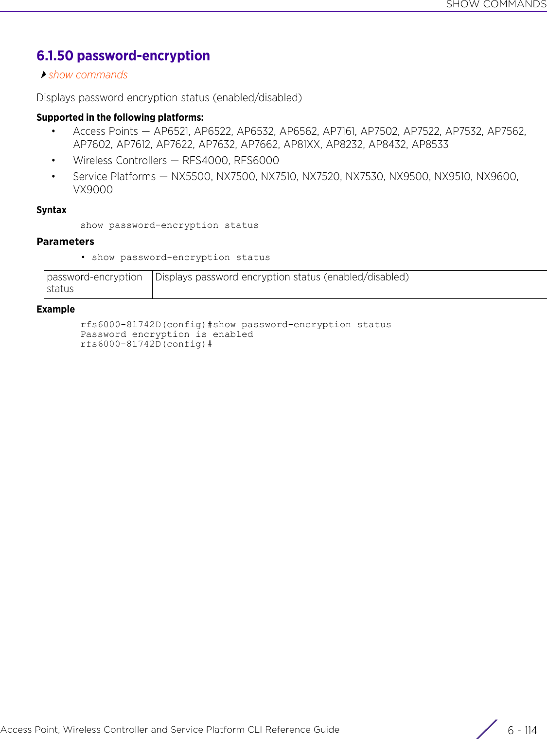 SHOW COMMANDSAccess Point, Wireless Controller and Service Platform CLI Reference Guide  6 - 1146.1.50 password-encryptionshow commandsDisplays password encryption status (enabled/disabled)Supported in the following platforms:• Access Points — AP6521, AP6522, AP6532, AP6562, AP7161, AP7502, AP7522, AP7532, AP7562, AP7602, AP7612, AP7622, AP7632, AP7662, AP81XX, AP8232, AP8432, AP8533• Wireless Controllers — RFS4000, RFS6000• Service Platforms — NX5500, NX7500, NX7510, NX7520, NX7530, NX9500, NX9510, NX9600, VX9000Syntaxshow password-encryption statusParameters• show password-encryption statusExamplerfs6000-81742D(config)#show password-encryption statusPassword encryption is enabledrfs6000-81742D(config)#password-encryption statusDisplays password encryption status (enabled/disabled)