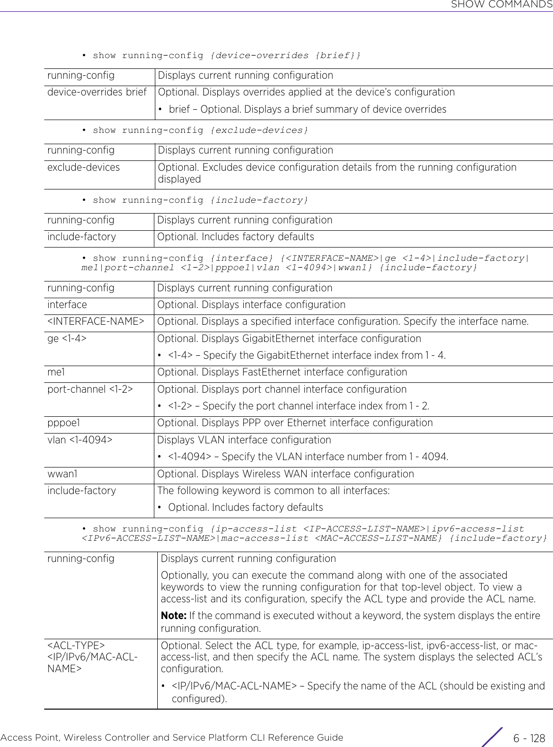 SHOW COMMANDSAccess Point, Wireless Controller and Service Platform CLI Reference Guide  6 - 128• show running-config {device-overrides {brief}}• show running-config {exclude-devices}• show running-config {include-factory}• show running-config {interface} {&lt;INTERFACE-NAME&gt;|ge &lt;1-4&gt;|include-factory|me1|port-channel &lt;1-2&gt;|pppoe1|vlan &lt;1-4094&gt;|wwan1} {include-factory}• show running-config {ip-access-list &lt;IP-ACCESS-LIST-NAME&gt;|ipv6-access-list &lt;IPv6-ACCESS-LIST-NAME&gt;|mac-access-list &lt;MAC-ACCESS-LIST-NAME} {include-factory}running-config Displays current running configurationdevice-overrides brief Optional. Displays overrides applied at the device’s configuration• brief – Optional. Displays a brief summary of device overridesrunning-config Displays current running configurationexclude-devices Optional. Excludes device configuration details from the running configuration displayedrunning-config Displays current running configurationinclude-factory Optional. Includes factory defaultsrunning-config Displays current running configurationinterface Optional. Displays interface configuration&lt;INTERFACE-NAME&gt; Optional. Displays a specified interface configuration. Specify the interface name.ge &lt;1-4&gt; Optional. Displays GigabitEthernet interface configuration• &lt;1-4&gt; – Specify the GigabitEthernet interface index from 1 - 4.me1 Optional. Displays FastEthernet interface configurationport-channel &lt;1-2&gt; Optional. Displays port channel interface configuration• &lt;1-2&gt; – Specify the port channel interface index from 1 - 2.pppoe1 Optional. Displays PPP over Ethernet interface configurationvlan &lt;1-4094&gt; Displays VLAN interface configuration• &lt;1-4094&gt; – Specify the VLAN interface number from 1 - 4094.wwan1 Optional. Displays Wireless WAN interface configurationinclude-factory The following keyword is common to all interfaces:• Optional. Includes factory defaultsrunning-config Displays current running configurationOptionally, you can execute the command along with one of the associated keywords to view the running configuration for that top-level object. To view a access-list and its configuration, specify the ACL type and provide the ACL name.Note: If the command is executed without a keyword, the system displays the entire running configuration.&lt;ACL-TYPE&gt; &lt;IP/IPv6/MAC-ACL-NAME&gt;Optional. Select the ACL type, for example, ip-access-list, ipv6-access-list, or mac-access-list, and then specify the ACL name. The system displays the selected ACL’s configuration.• &lt;IP/IPv6/MAC-ACL-NAME&gt; – Specify the name of the ACL (should be existing and configured).